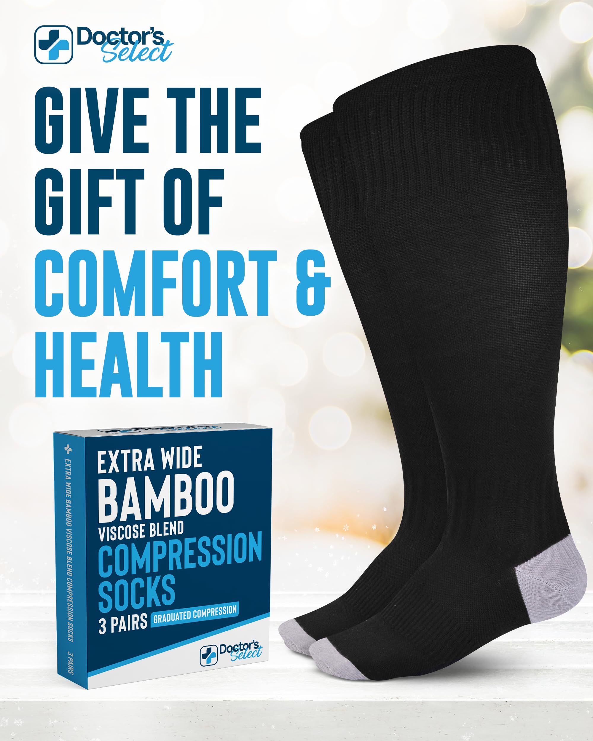 **Doctor's Select 3 Pairs Plus Size Compression Socks for Women & Men – Wide Calf, Bamboo Viscose, Knee High Support – Ideal for Travel, Nursing & Varicose Vein Relief (Black)**