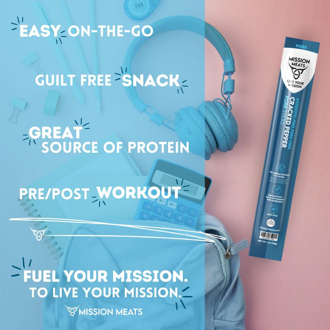 Mission Meats Cracked Pepper Pork Meat Sticks – Healthy Protein Snacks for Kids & Adults | Sugar Free, AIP Friendly, Paleo & Whole30 Approved | 1oz (Pack of 48) | Perfect for On-the-Go, Hiking & Lunchboxes
