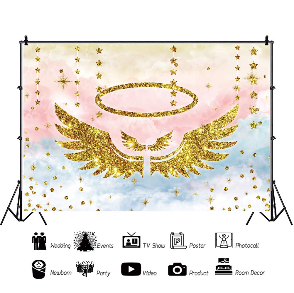 5x3ft Glittering Golden Angel Wing Photography Backdrop - Sparkly Birthday Party Background for Kids, Baby Shower, Newborn Photos - Golden Stars & Pink Clouds Decor for Portraits, Christenings, and Special Events