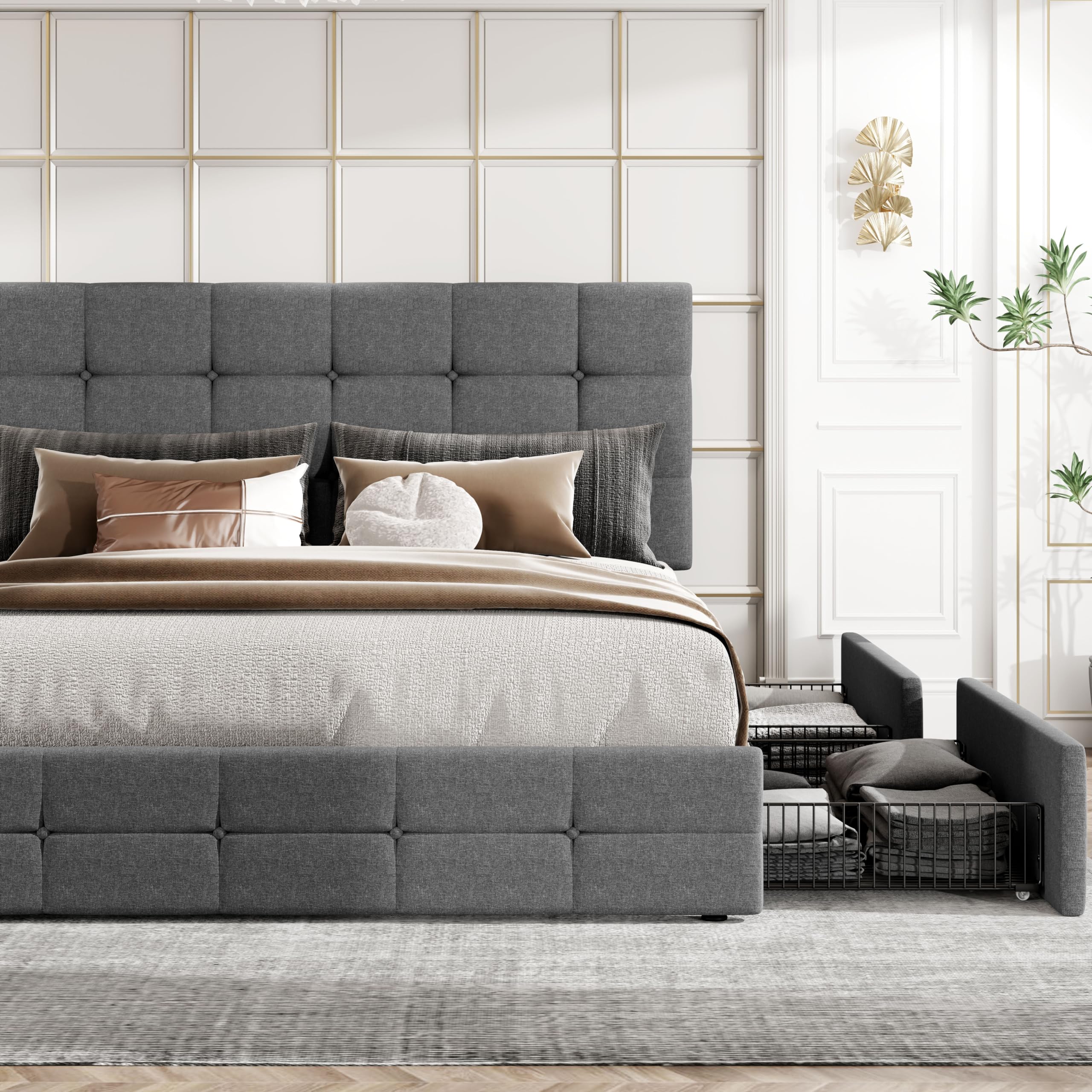 HOOMIC Full Size Platform Storage Bed Frame with 4 Drawers - Adjustable Headboard, Square Stitched Button Tufted Design, Wooden Slats - Noise Free, Easy Assembly, No Box Spring Needed - Dark Grey - Perfect for Small Bedrooms, Guest Rooms & Dormitories