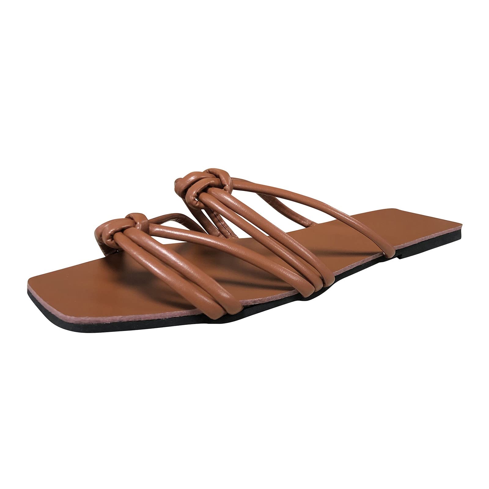 Women's Casual PU Leather Flat Sandals - Square Toe Slip-On Beach Slides for Summer | Comfortable Slippers for Walking, Travel & Vacation (Brown, Size 9.5-10) | Perfect for Beach, Poolside & Outdoor Activities