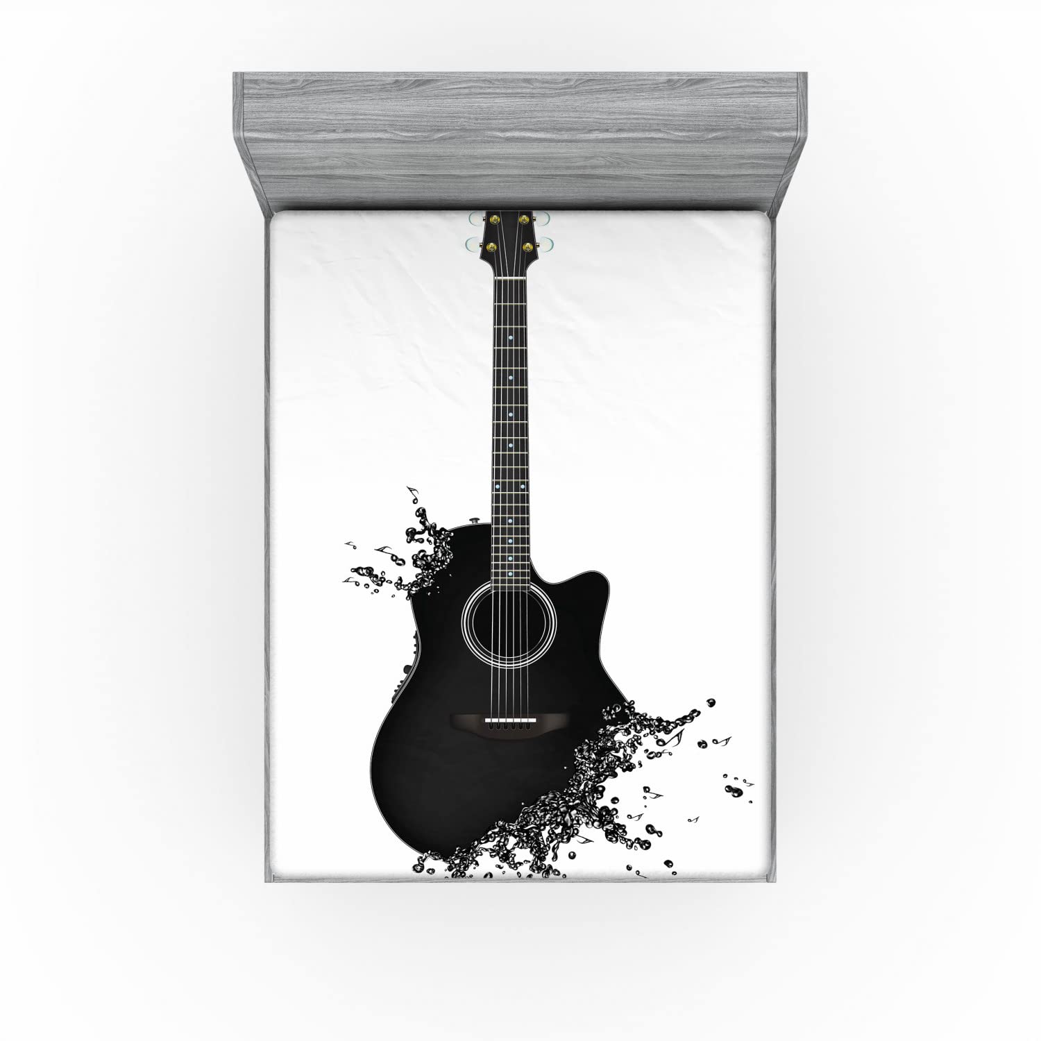 Ambesonne Guitar Fitted Sheet - Full Size Black & White Musical Instrument Design with Deep Pocket Elastic - Perfect for Music Lovers' Bedrooms, Dorms, or Guest Rooms