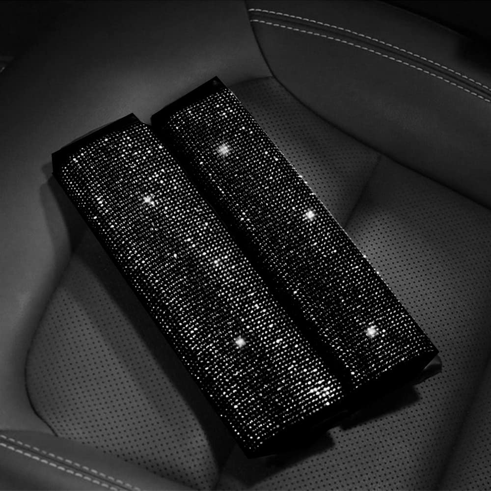 2PCS Crystal Diamond Car Seat Belt Covers - Soft Shoulder Pads for Women & Girls (Black) | Comfortable Driving Accessories for Daily Commute & Road Trips