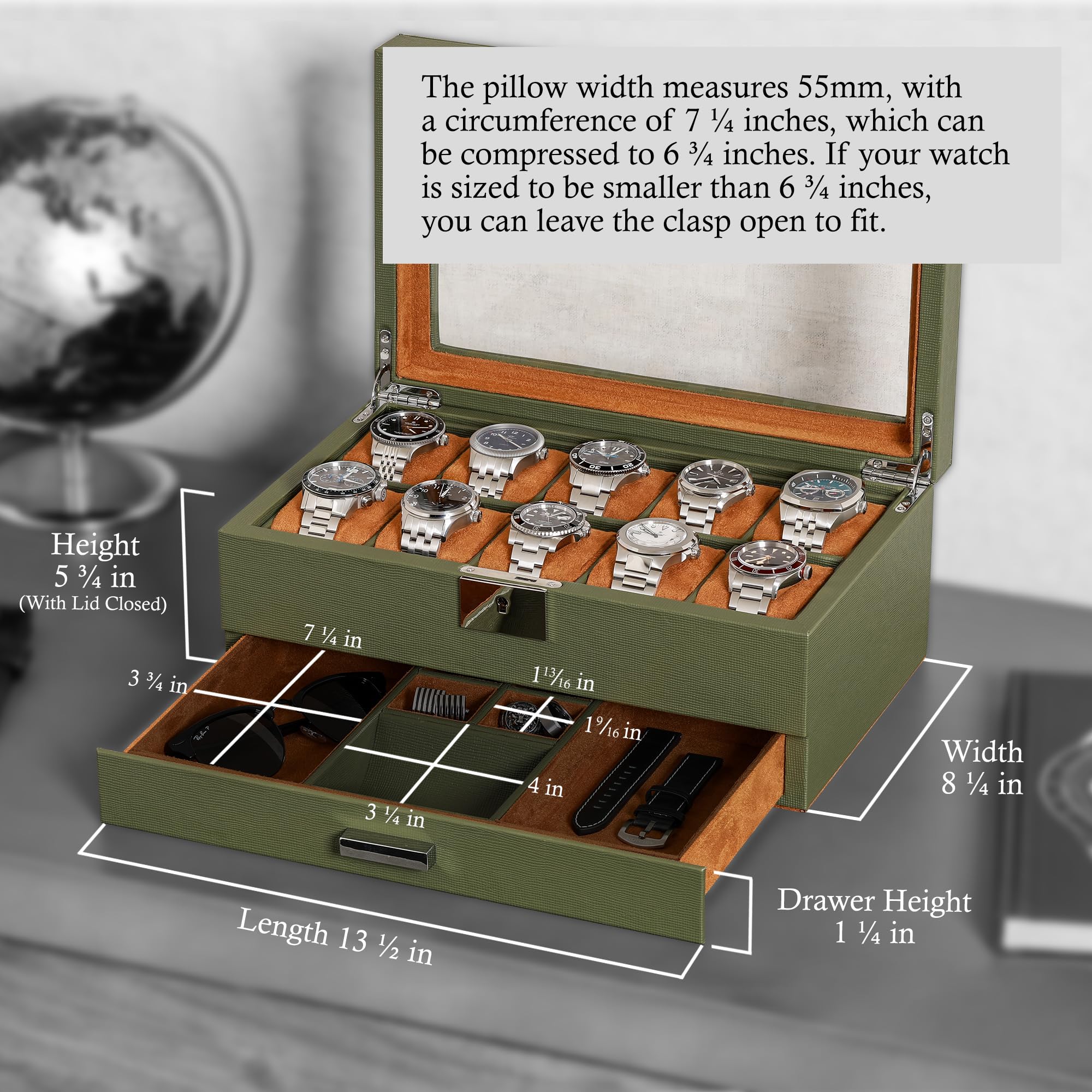 ROTHWELL 10-Slot Leather Watch Box with Valet Drawer - Luxury Watch Case Organizer with Soft Microsuede Liner, Jewelry & Sunglass Storage - Large Glass Top Display (Green/Tan) | Perfect for Watch Collectors, Travel & Gift Giving
