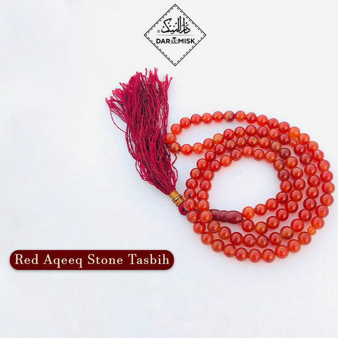 Premium Red Aqeeq Stone Tasbih Prayer Beads - 8mm Gemstone Rosary with 100 Counts | Islamic Dhikr, Meditation & Spiritual Healing Accessory