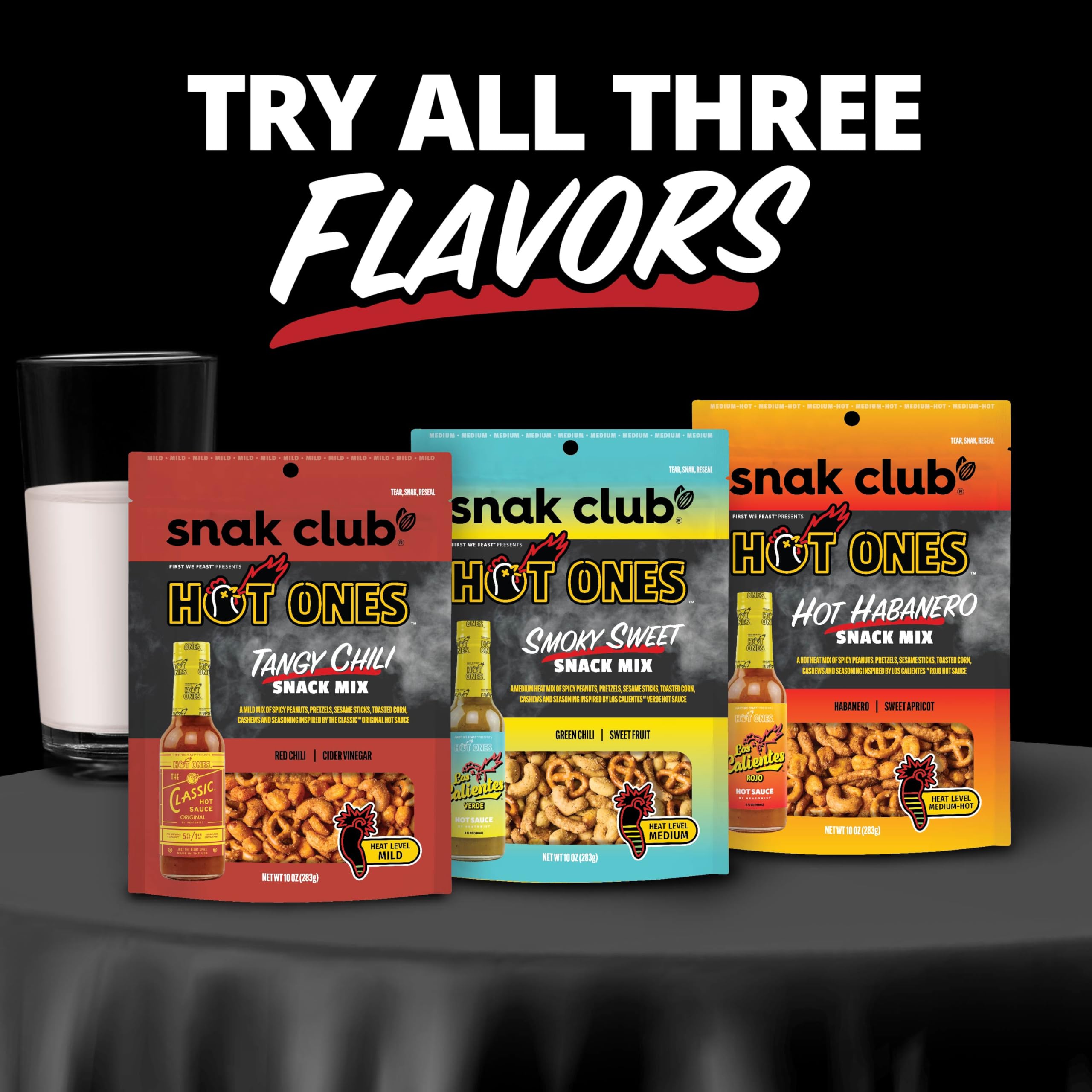 Hot Habanero Snack Mix by Snak Club x Hot Ones – Spicy Vegan Snacks with Peanuts, Pretzels, Sesame Sticks & Cashews – 2 oz Bags (12 Pack) – Perfect for Parties, Game Nights & Spicy Food Lovers