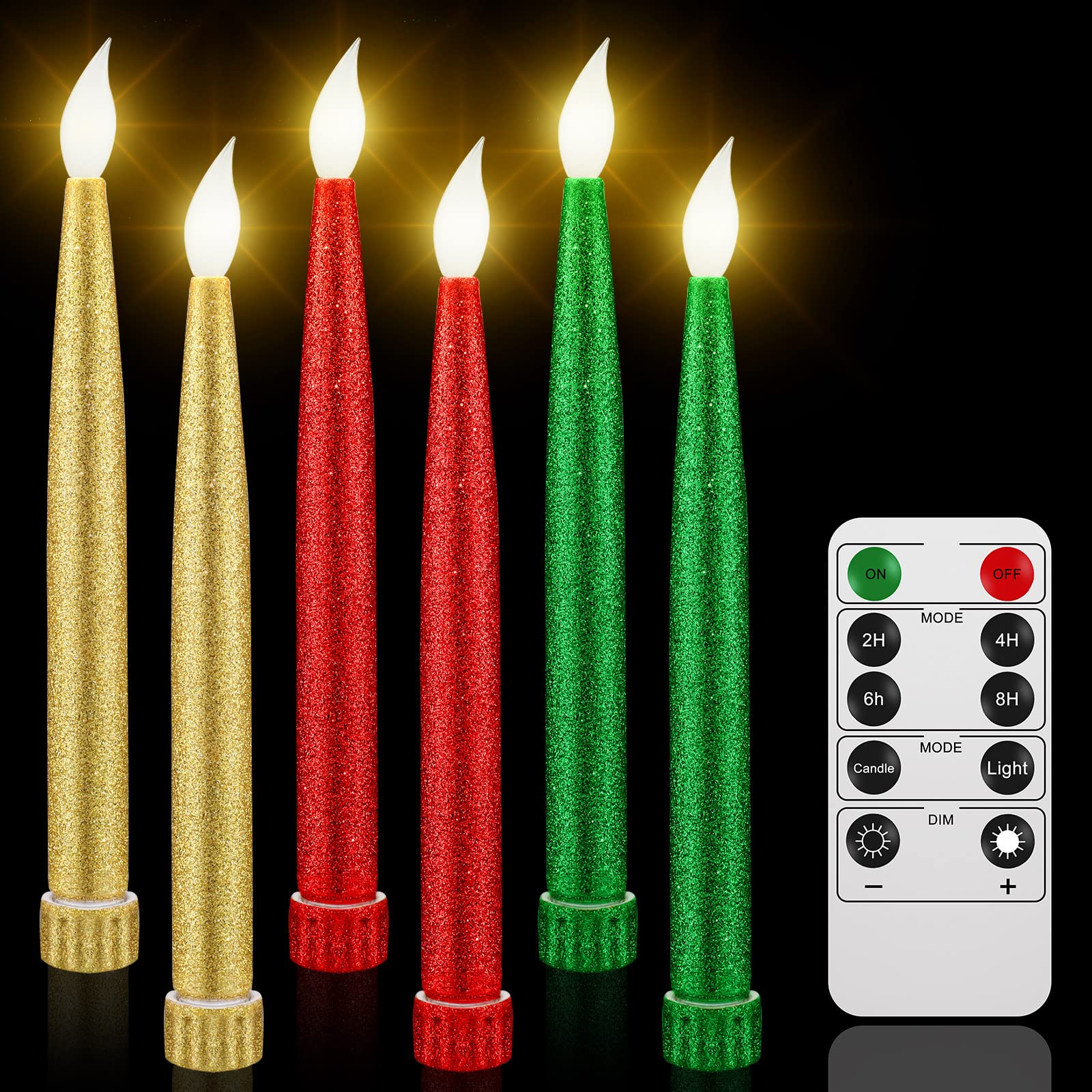 6Pcs Gold Flameless LED Taper Candles with Remote & Timer - Battery Operated Flickering Electric Candles for Wedding, Christmas, Home Decor - Romantic Ambiance for Dining, Parties & Holiday Decorations