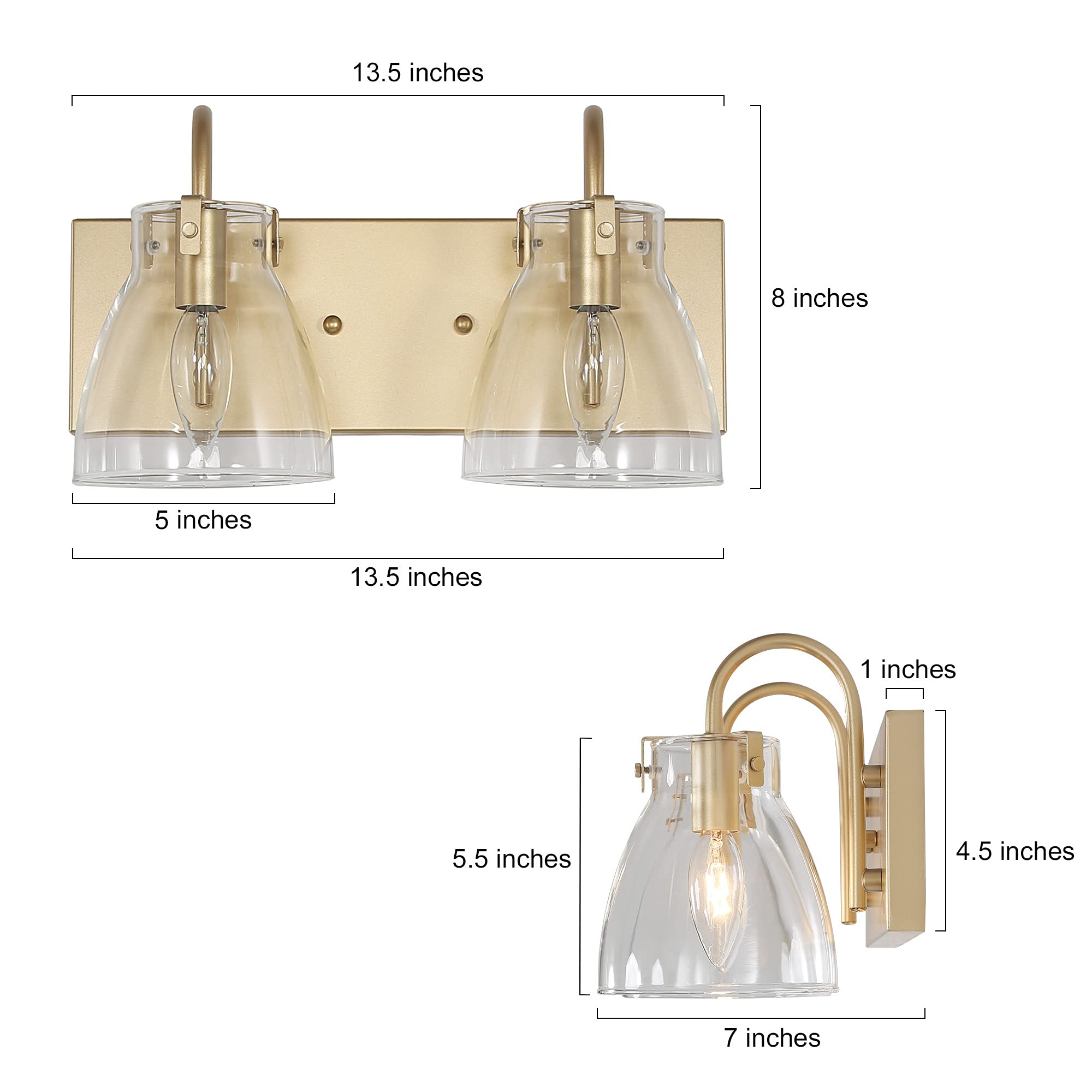 KSANA Gold Bathroom Vanity Light Fixture - 2 Lights with Clear Glass Shade for Bathroom, Kitchen & Hallway - 13.5