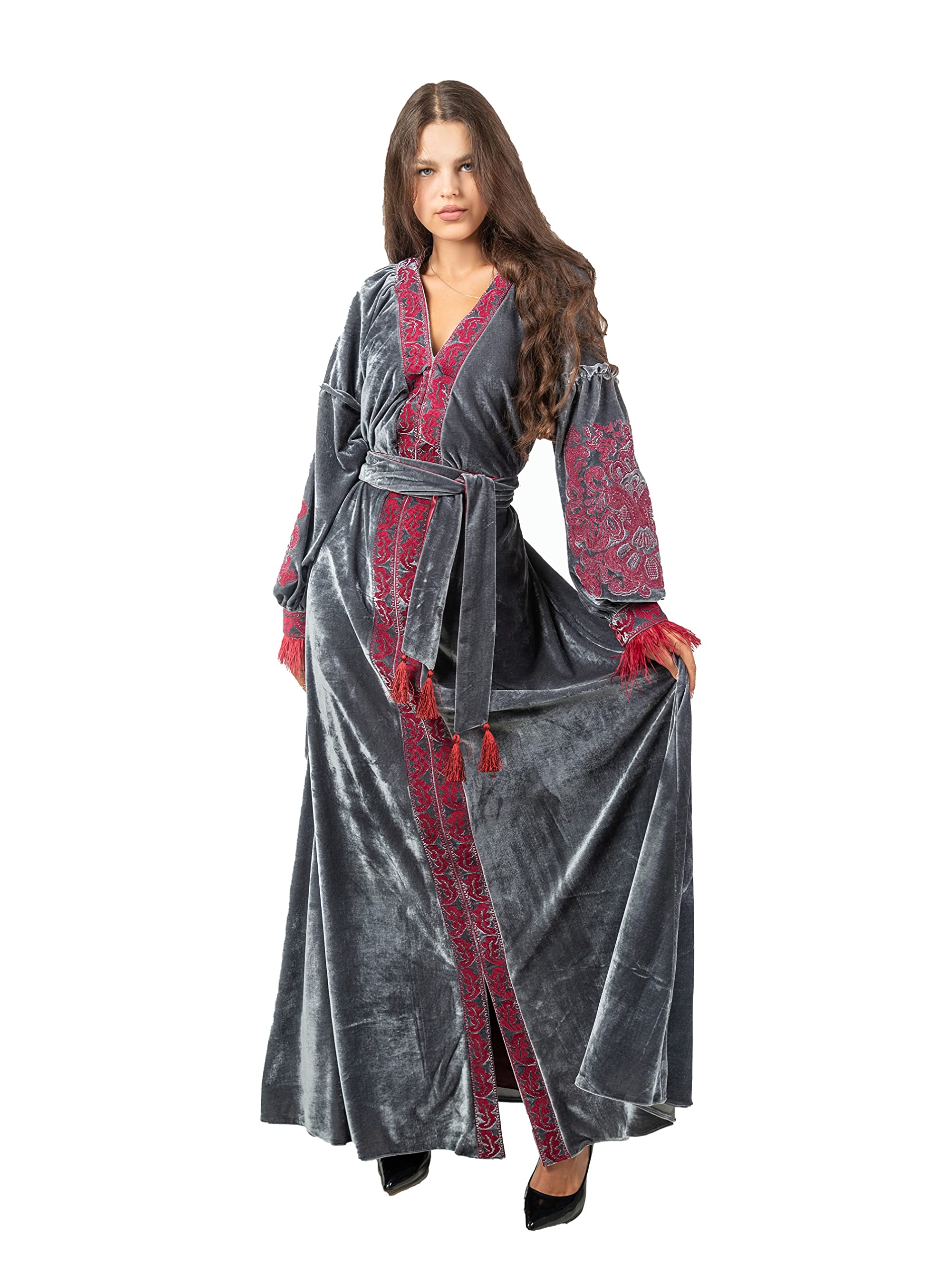 Elegant Velour Long Dress with Embroidery - Gray Bohemian Boho Chic Signature Long Sleeve Dress (Vyshyvanka Style) | Perfect for Weddings, Parties & Special Occasions