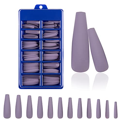 120Pcs Matte Ballet Press-On Nails Set - Frosted Solid Color Fake Nails for Full Coverage DIY Manicure, Coffin Shape, Purple Gray (#3) | Perfect for Parties, Weddings, and Everyday Elegant Looks