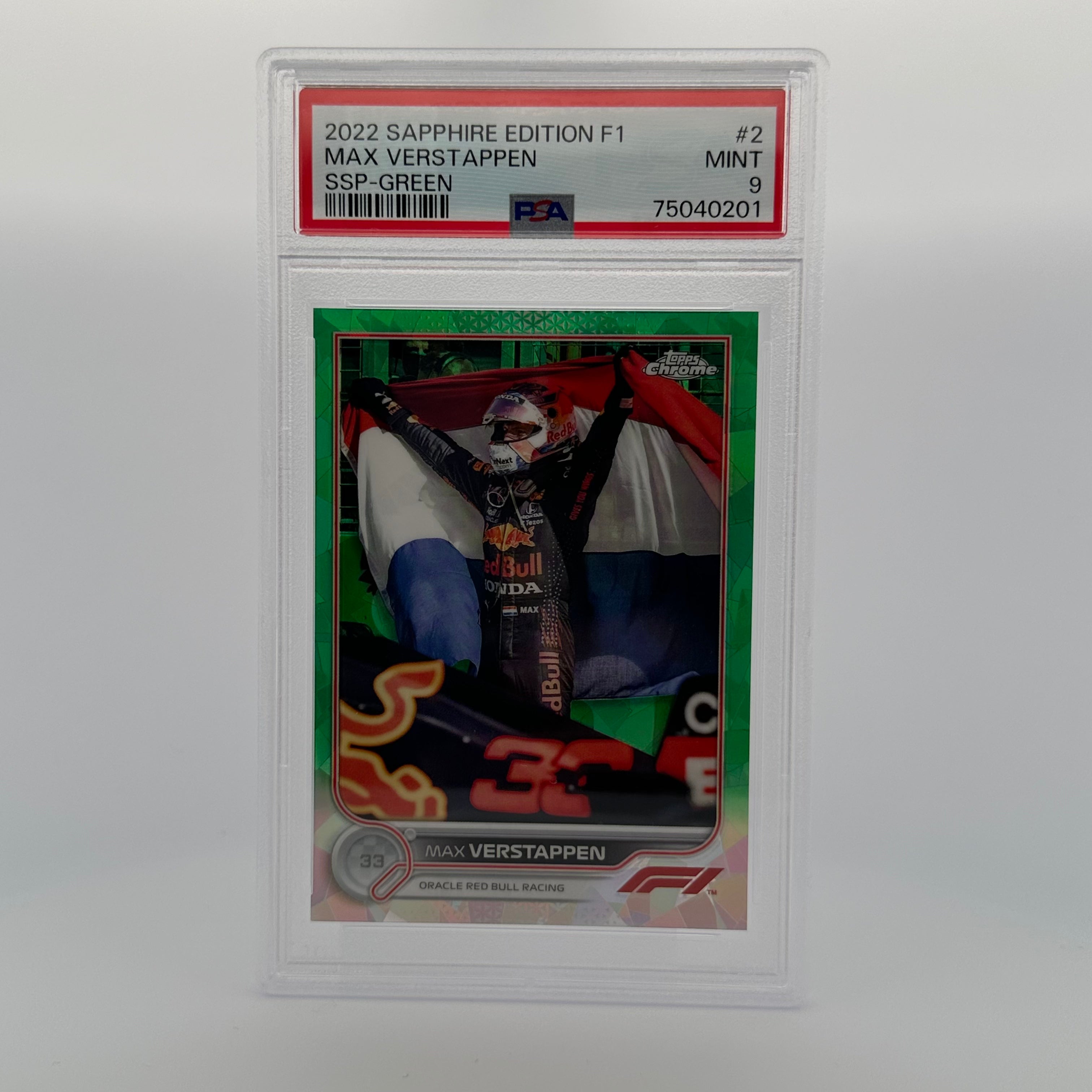 PSA 9 MAX VERSTAPPEN #2 /75 SAPPHIRE EDITION SSP GREE Trading Card - Rare Collectible for Formula 1 Fans & Sports Memorabilia Enthusiasts - Perfect for Display, Investment, and Racing Memorabilia Collections