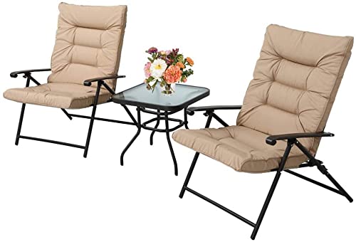3-Piece Patio Folding Bistro Set - Outdoor Metal Adjustable Recliner Furniture with 2 Foldable Padded Chairs & Coffee Table - Perfect for Balcony, Backyard, Porch, Garden & Poolside (Beige)