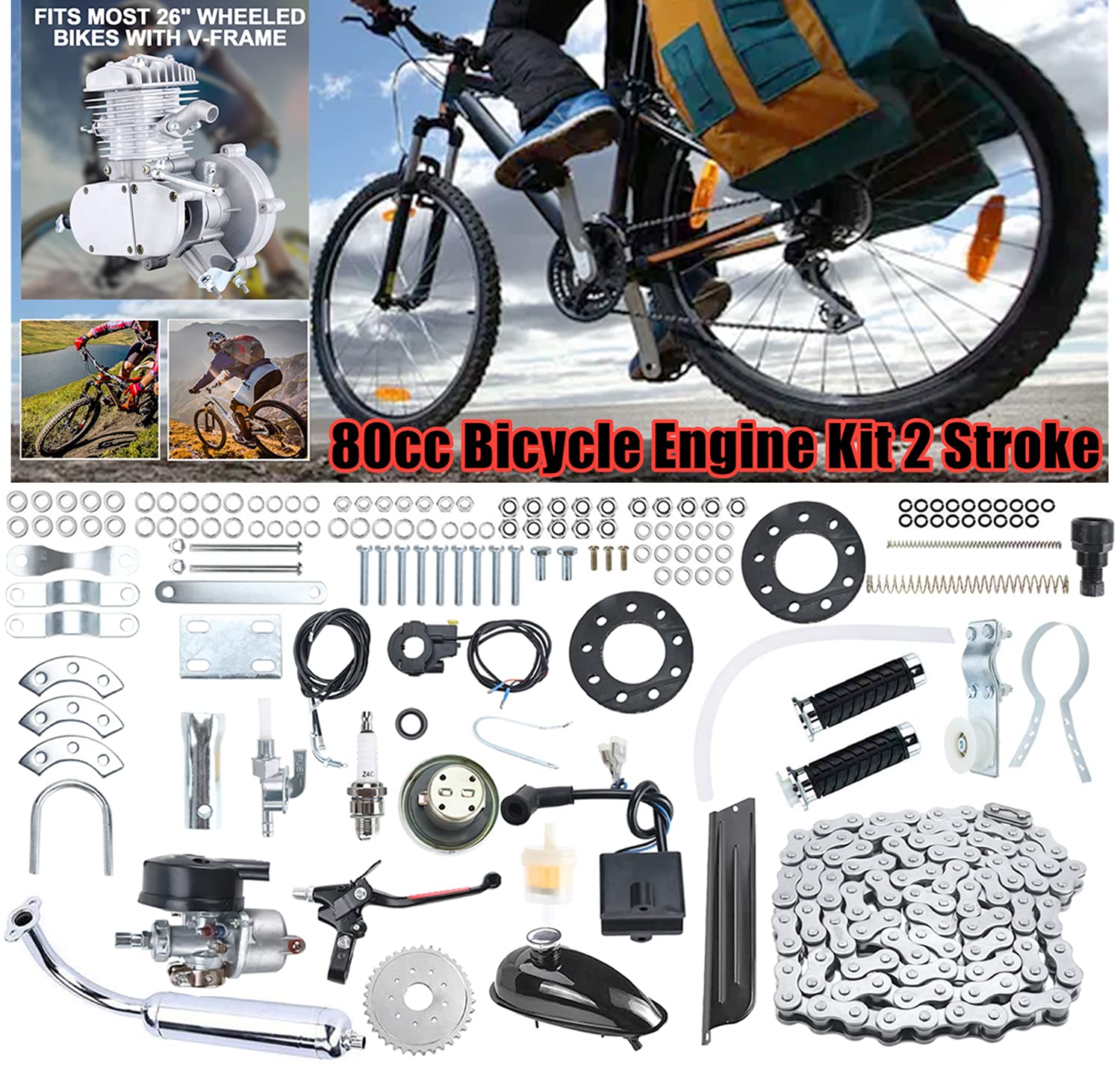 80cc 2 Stroke Bicycle Engine Kit - Motorized Bike Conversion Kit with Silver Finish | Perfect for Commuting, Off-Road Adventures & DIY Bike Projects