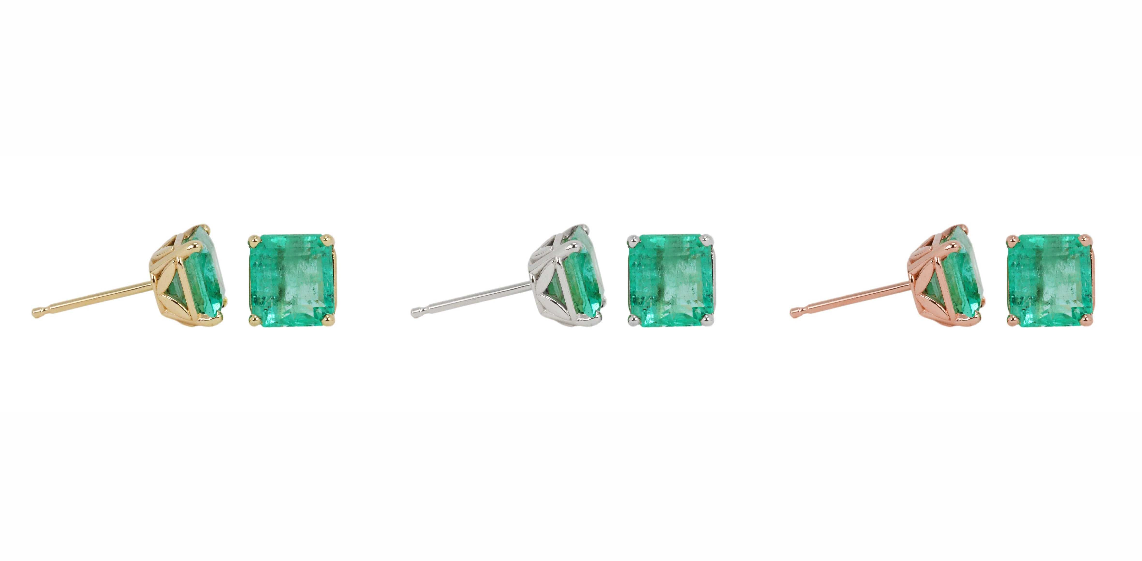 2.17tcw Stunning Colombian Emerald Square Asscher Cut Floral Stud Earrings in 14K Gold - Perfect for Weddings, Parties & Special Occasions
