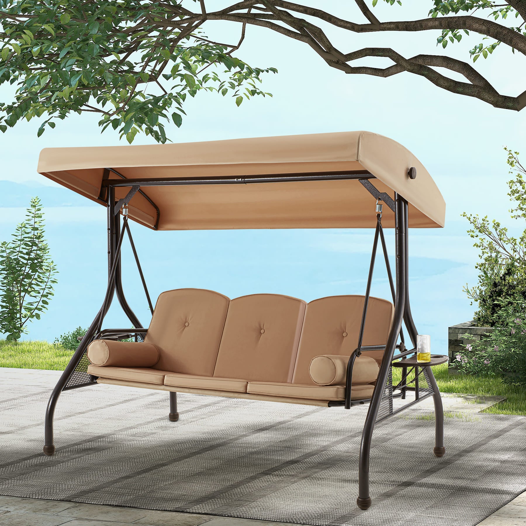 EROMMY 3-Seat Outdoor Patio Swing with Adjustable Canopy - Weather-Resistant Brown Wicker Hanging Chair for Garden, Porch, Backyard & Poolside Relaxation