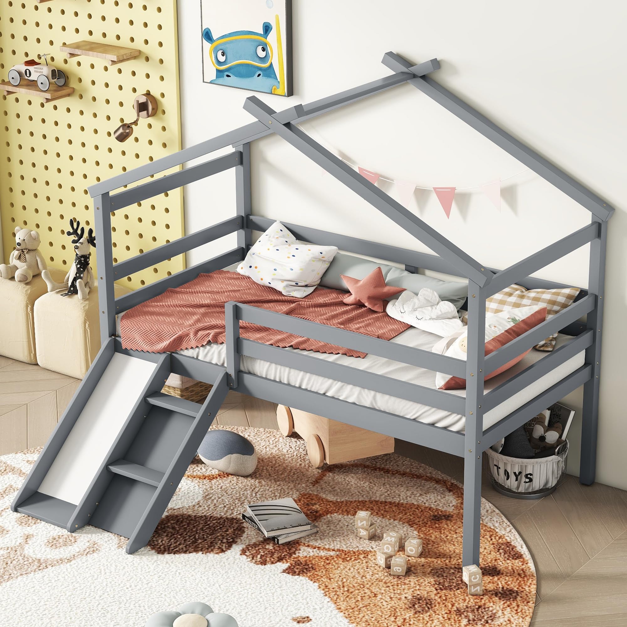 Bellemave Twin Size Low Loft Bed for Kids with Slide & Ladder - Solid Wood House Loft Bed with Safety Guardrails for Boys & Girls (Grey) - Perfect for Small Bedrooms, Playrooms & Kids' Spaces