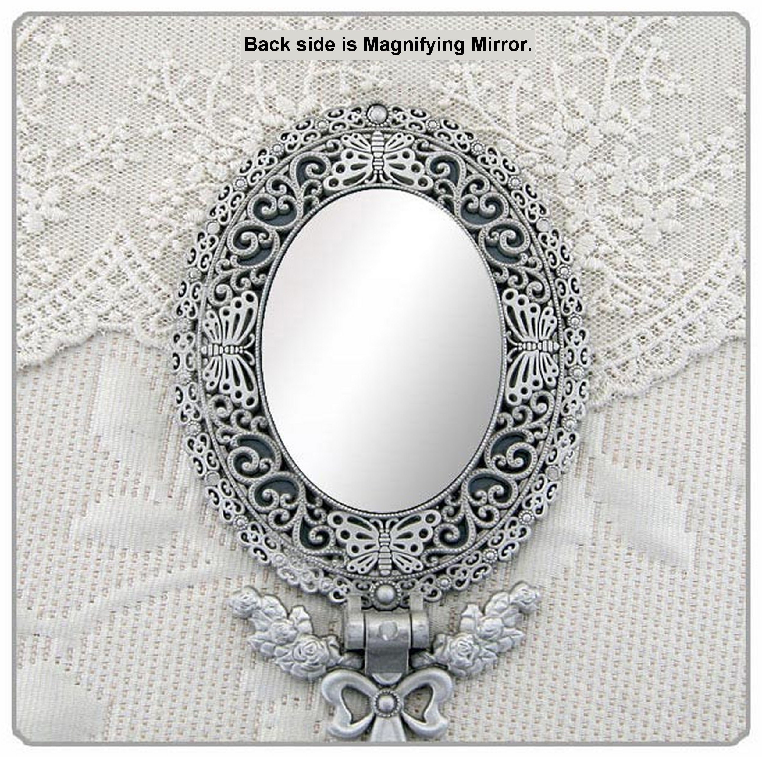 Butterfly Design Double-Sided Magnifying Handheld Makeup Mirror with Folding Stand - Travel & Vanity Mirror for Home, Hotel, and On-the-Go (Medium, Matte Gray Tin) - Perfect for Makeup Application, Skincare, and Travel Essentials