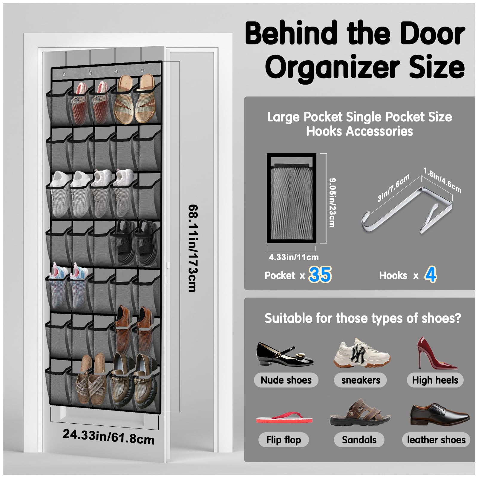 35 Compartment Breathable Mesh Over the Door Shoe Organizer for Men & Women - Space Saving Closet Storage Solution for Sneakers, Sandals & Boots | Perfect for Bedrooms, Dorms & Apartments (Gray)