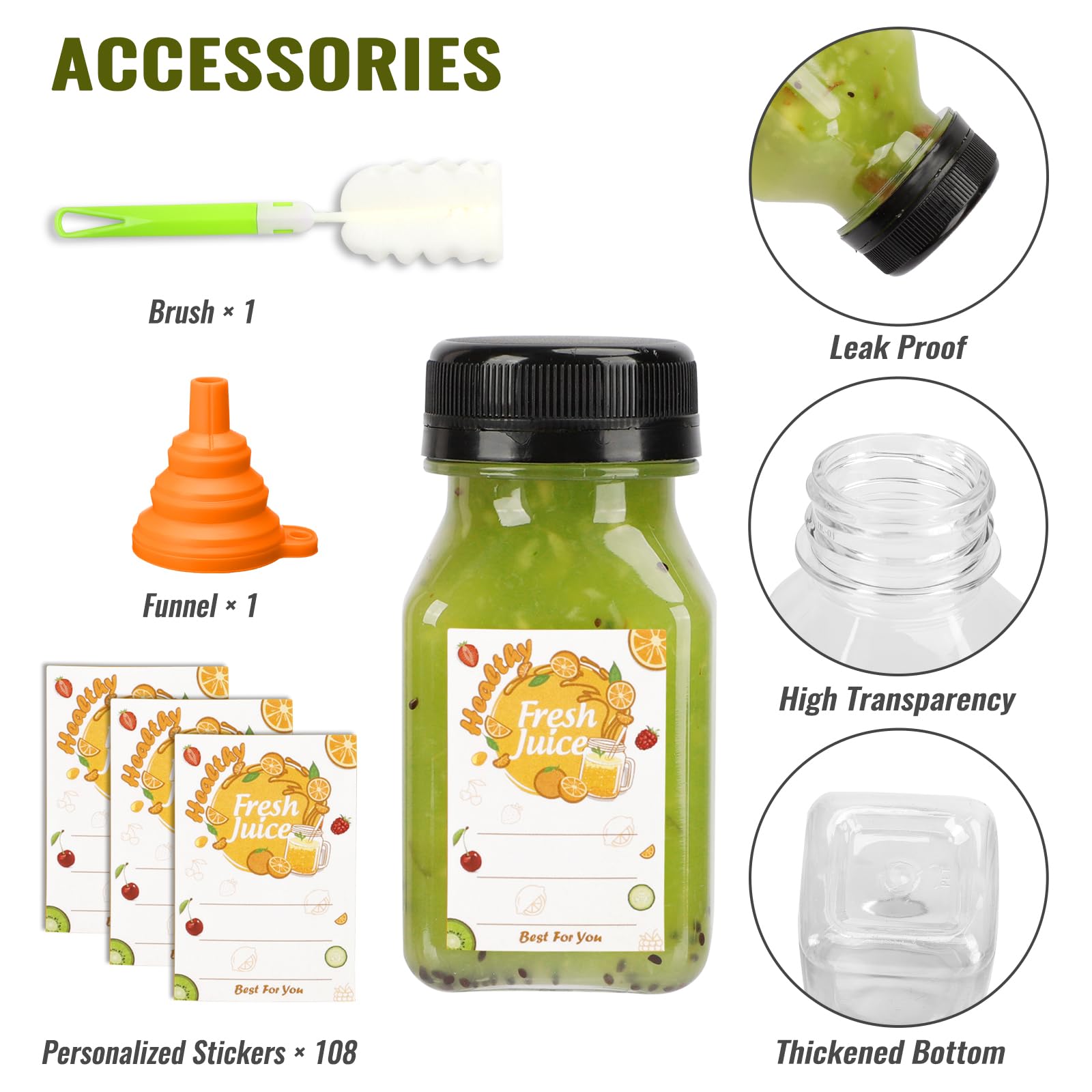 TOMNK 105-Pack 4oz Reusable Juice Bottles with Lids - Small Beverage Containers for Juicing, Milk, Smoothies & Drinks - Includes Labels, Funnel & Brush - Perfect for Meal Prep, Baby Food & Travel Snacks