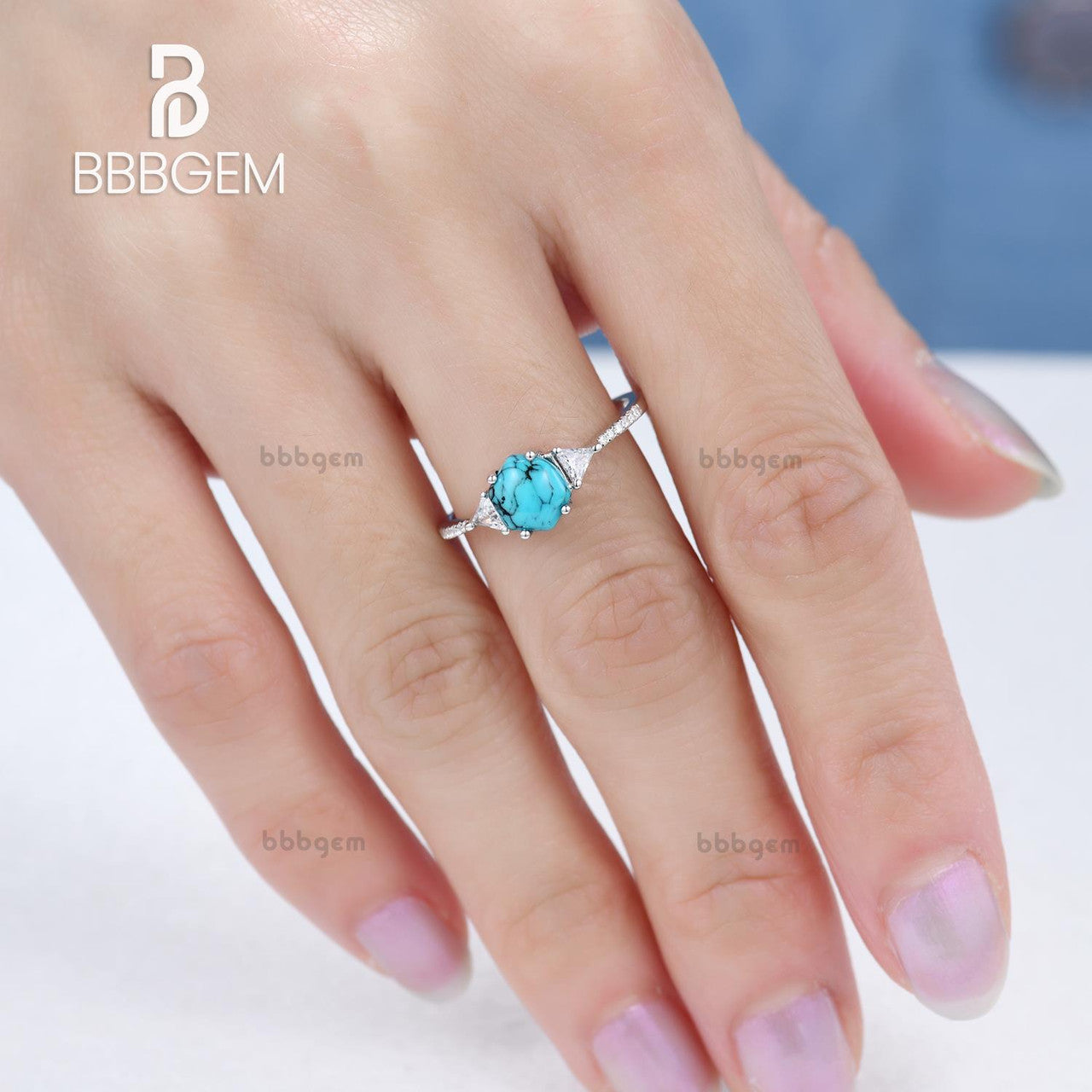 Three Stone Hexagonal Turquoise Engagement Ring with Triangle Moissanite Basket Setting - Unique Vintage Style Wedding Band for Women, Perfect for Proposals, Anniversaries & Special Occasions