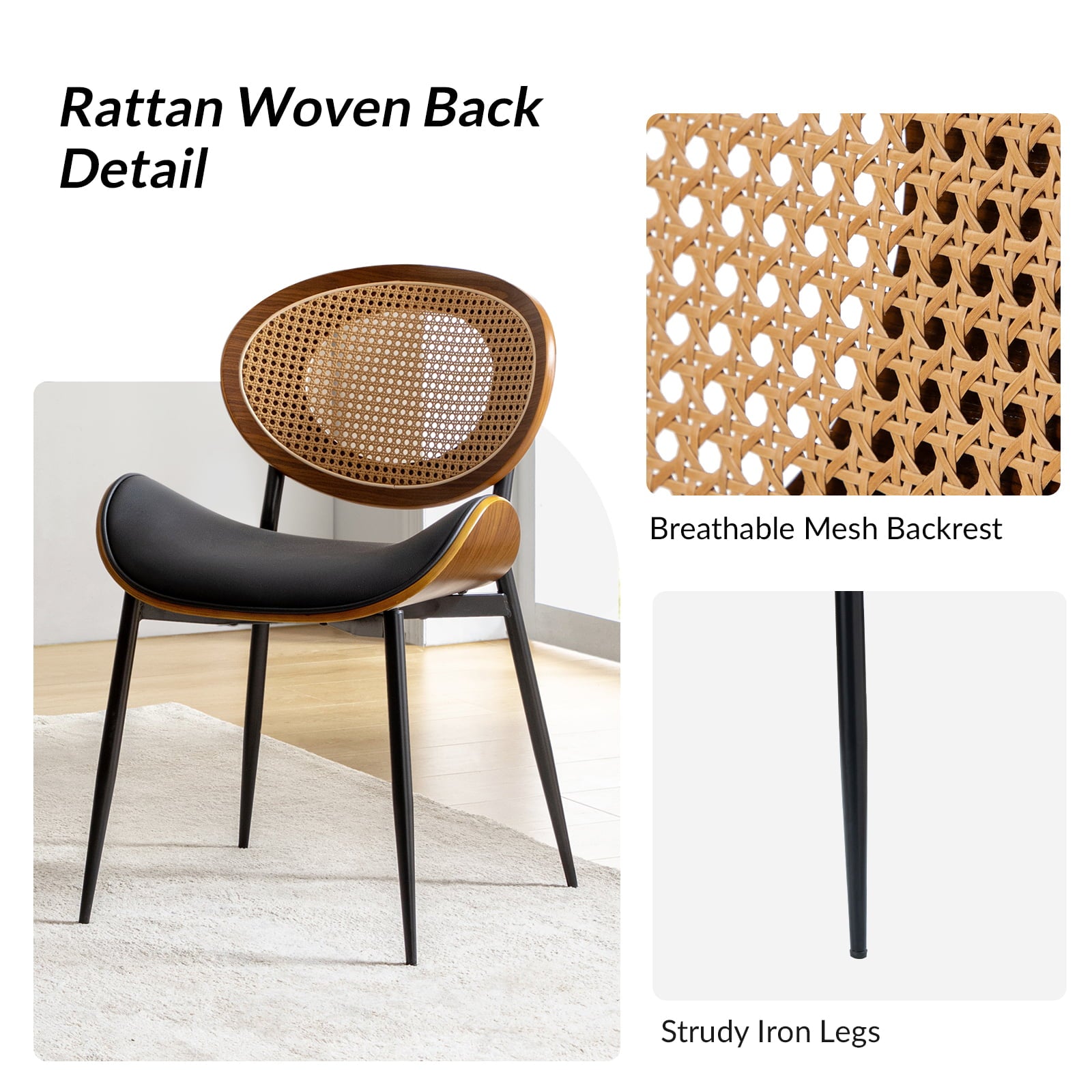 Flora Curved Wood Backrest Faux Leather Upholstered Dining Chair Cushion - Ergonomic Support for Kitchen, Restaurant & Office - Comfortable Seat Pad with Wooden Frame (Multiple Styles Available)
