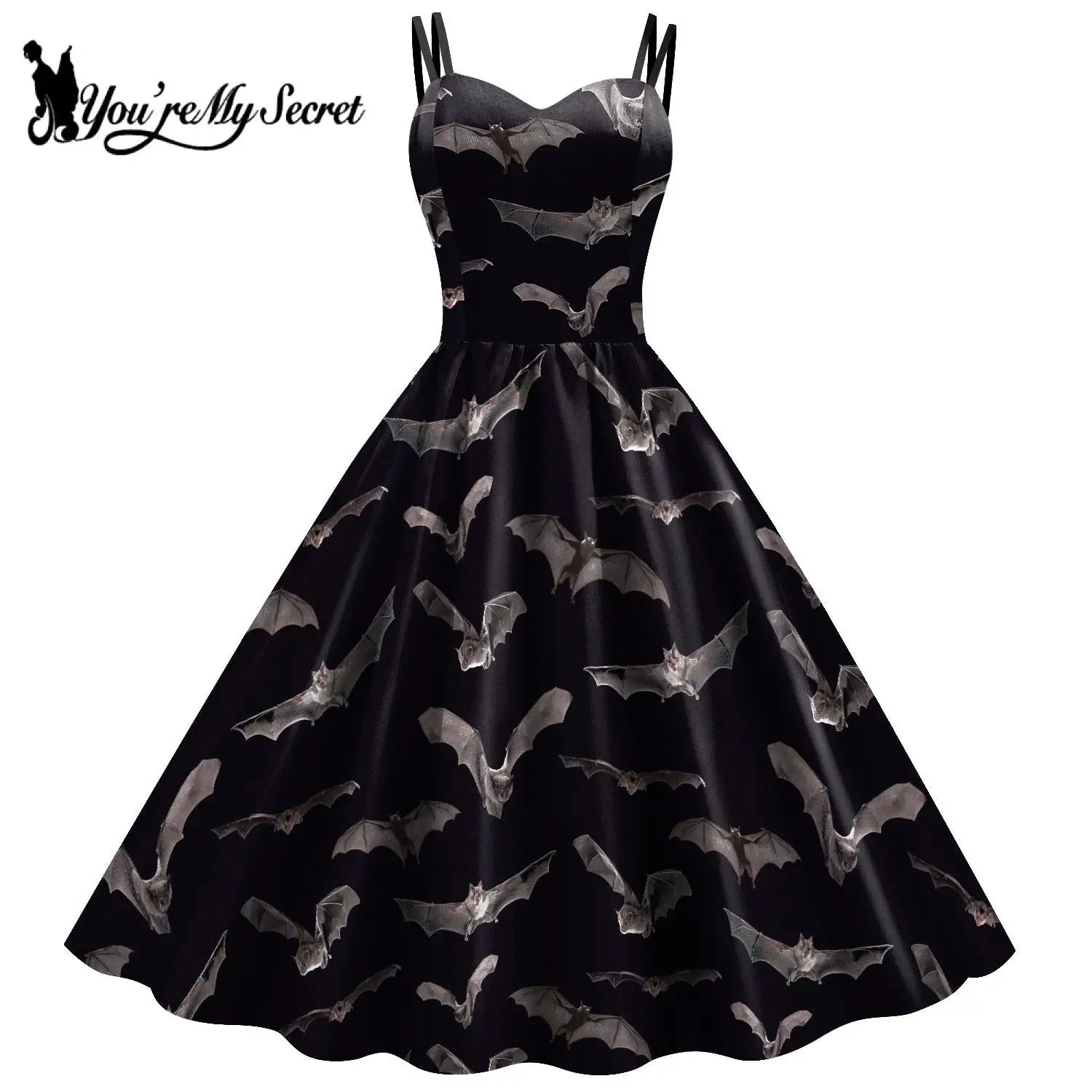 Gothic Skeleton Halloween Dress for Women - Elegant Black Rockabilly Costume for Halloween Parties, Carnival, Cosplay & Horror Themed Events