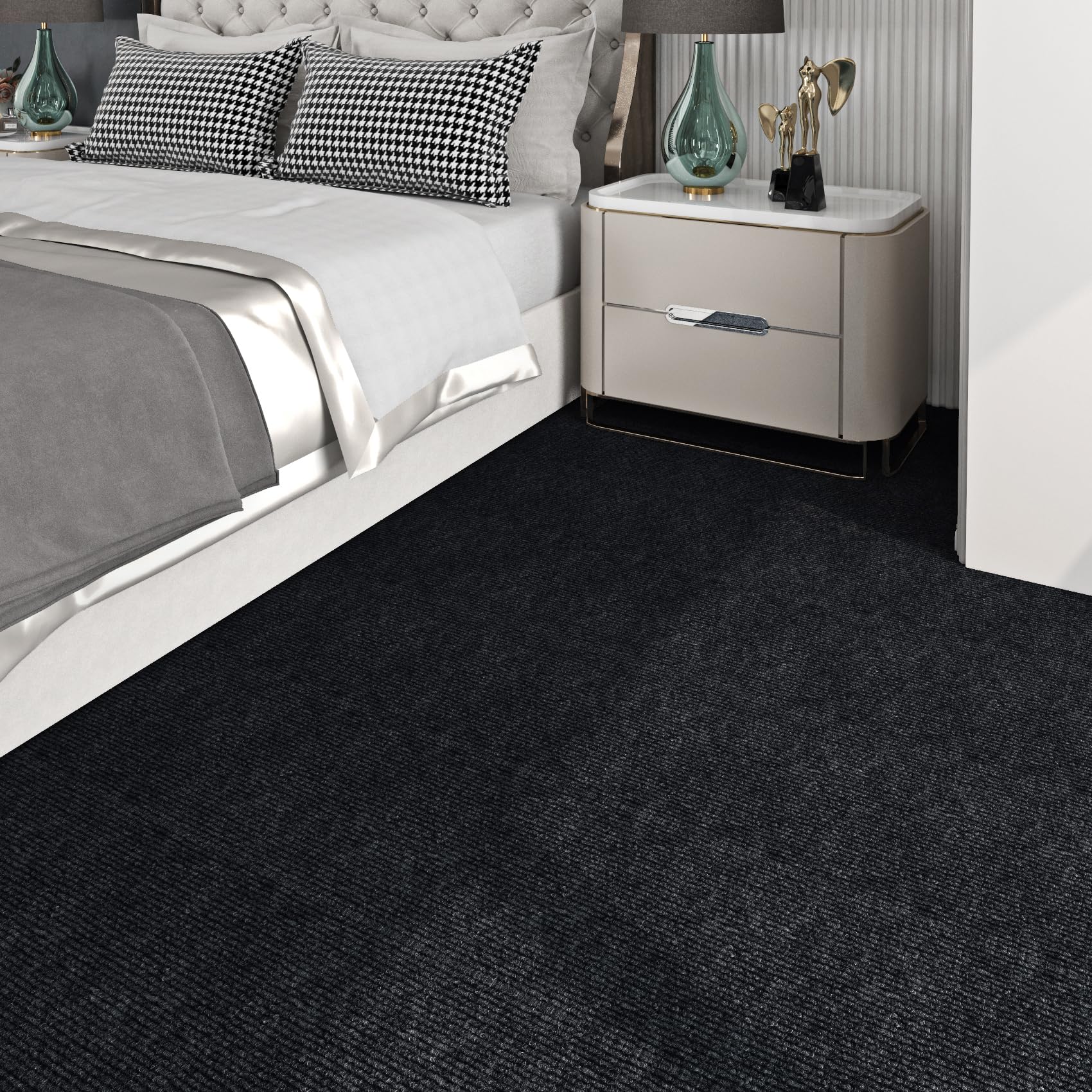 Non-Slip 12x12 Inch Soft Padded Carpet Tiles with Attached Padding - 15-Piece Washable Floor Tiles for Bedroom, Kitchen, Garage | Commercial-Grade Black Carpet Squares for Home & Office Flooring
