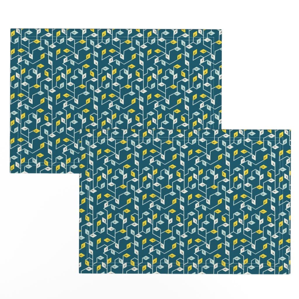 Linen Cotton Canvas Placemats Set of 2 - Spring Leaves Geometric Abstract Print Table Mats for Dining, Kitchen Decor, and Party Settings | Eco-Friendly & Washable
