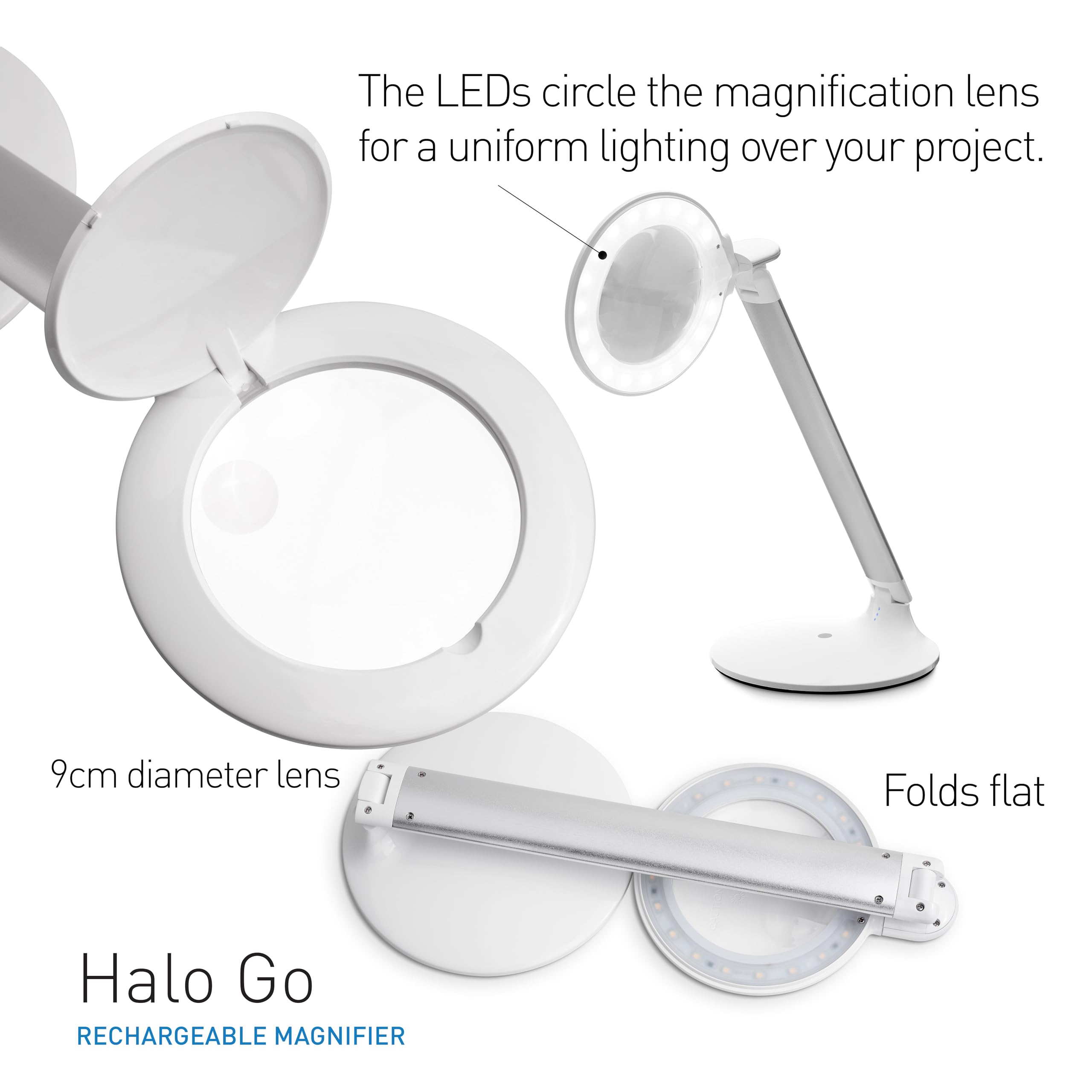 Halo Go Rechargeable USB Magnifier Lamp - 6000K Daylight White, Portable & Lightweight Desk Light for Reading, Sewing, Crafts, Nail Art | Perfect for Home Office, Hobbyists & Salon Professionals