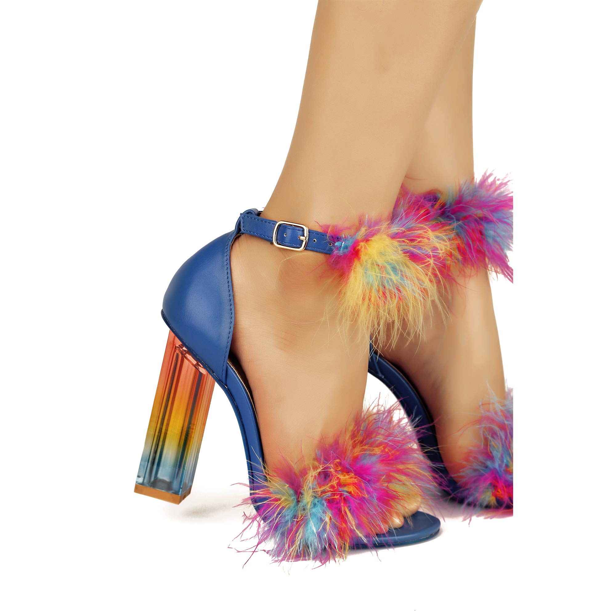 Cape Robbin Women's Chunky Block High Heels - Transparent Strappy Open Toe Platform Sandals with Feathers | Sexy Party Shoes for Women, Night Out, Clubwear, Date Night, Special Occasions