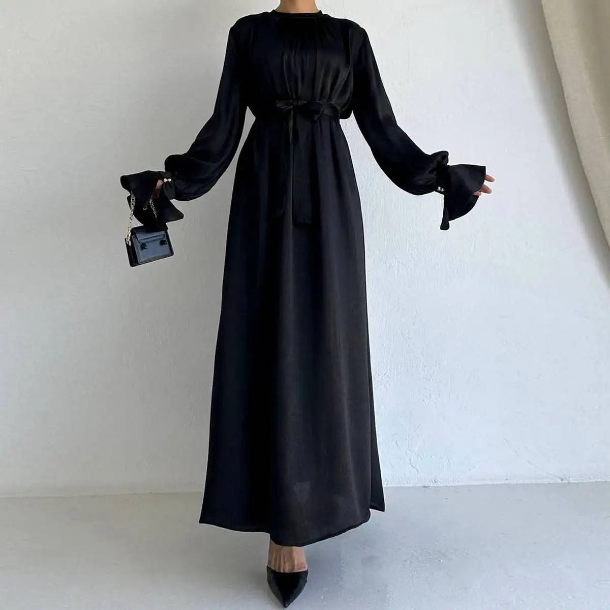 Elegant Ruffle Sleeve Satin Abaya Dress for Women - Modest Islamic Prayer Dress - Perfect for Eid, Wedding & Special Occasions