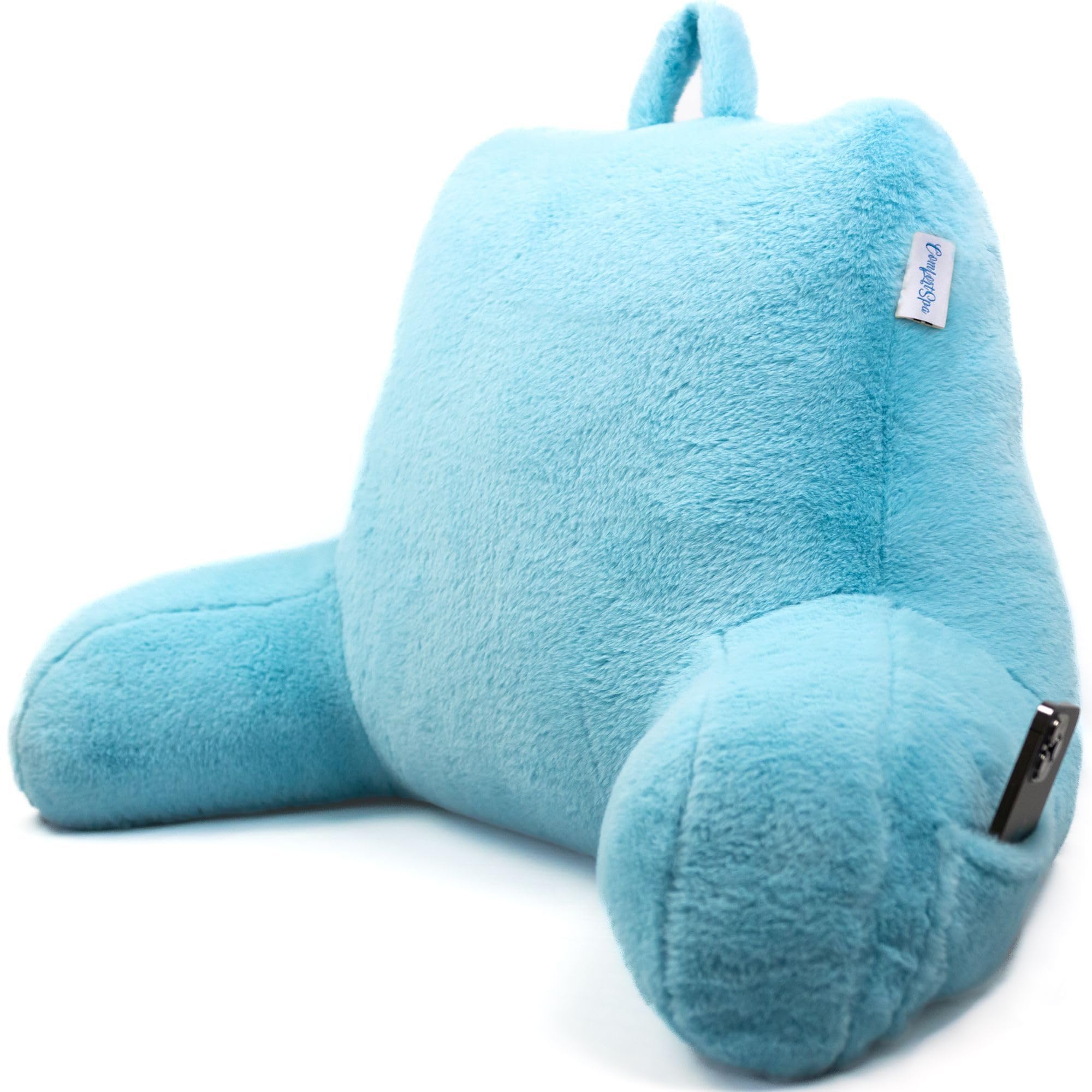 ComfortSpa Extra Large Reading Pillow for Adults - Back Support Pillow with Arms, Pockets & Washable Faux Fur Cover - Perfect for Sitting Up in Bed Watching TV, Gaming, Reading or Studying (XL, Blue)