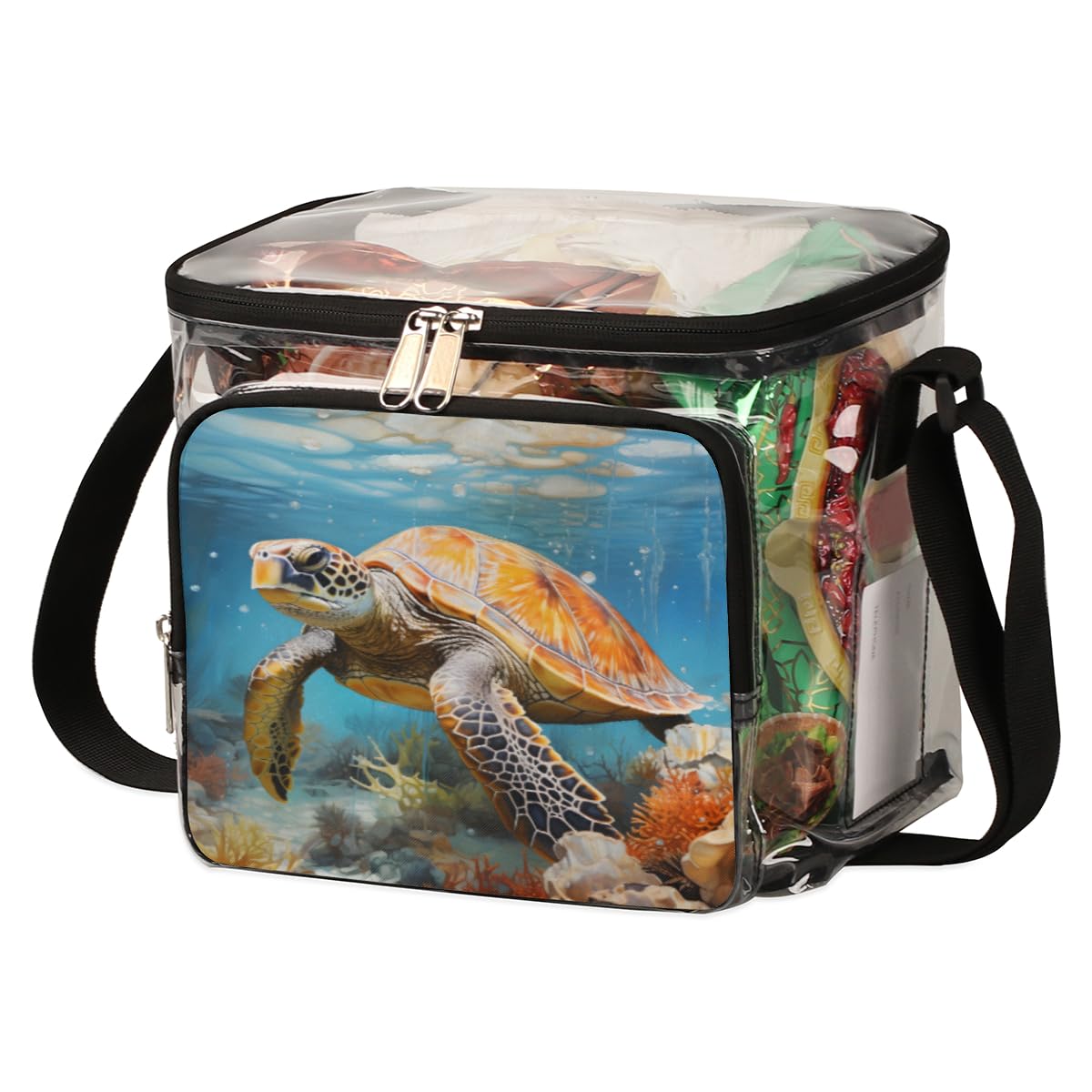 GzLeyigou Clear Turtle Print Tote Bag with Handles - Transparent Marine Life Shoulder Bag for Lunch, Beach, Travel, Picnic, Concerts & Sports Events - Stadium Approved Clear Crossbody Purse (Great for Outdoor Activities, Shopping & Theme Park Visits)