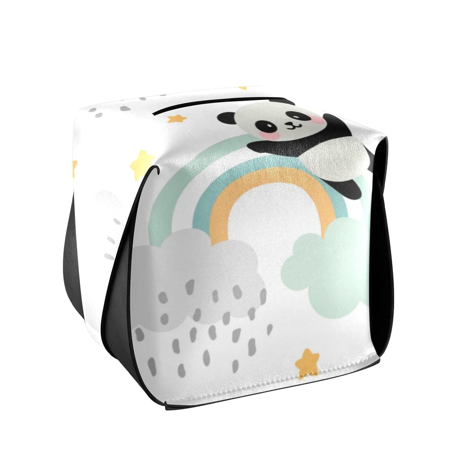 Seamless Panda Tissue Box Cover - Cute Flying Panda with Rainbow Clouds & Stars Design - Rectangle Leather Holder with Handle - Perfect for Bathroom, Home, Night Stand, Vanity, Office Desk & Car (9.4x5.1x3.6 inches) - Great for Home Decor & Gift Giving