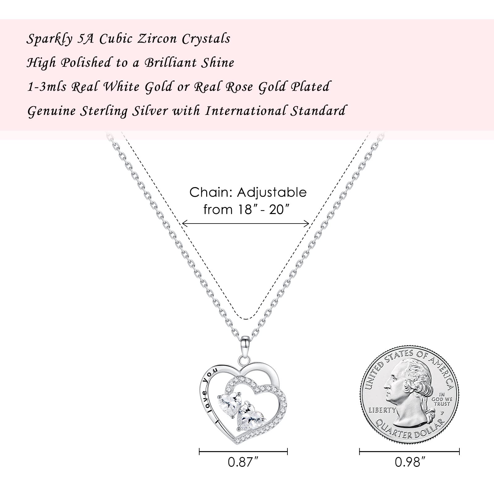 LANE WOODS Mother's Day Necklace for Mom - White Gold Plated 925 Sterling Silver Heart Pendant with Engraving - Thoughtful Gift from Daughter or Son - Perfect for Birthdays, Anniversaries & Special Occasions