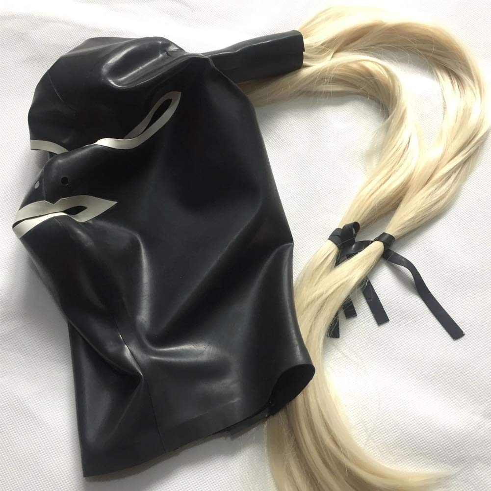 Latex Hood Mask with Big Eyes & White Trim - Full Face Rubber Mask with Double Ponytail Wig for Halloween, Cosplay & Fetish Parties