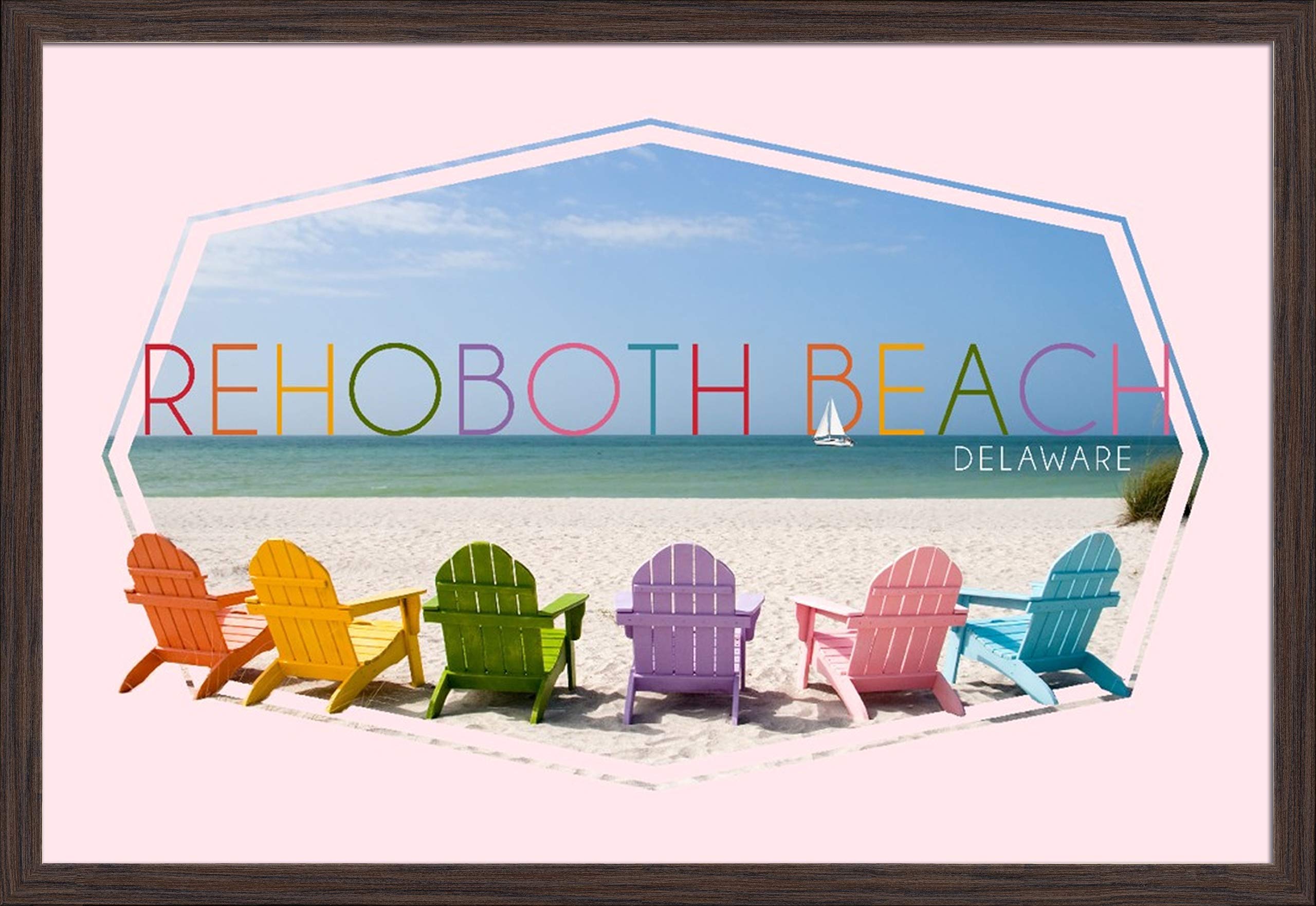 Deluxe Colorful Beach Chairs Art Print - Rehoboth Beach Delaware Landscape (36x24 Giclee, Gallery Framed in Espresso Wood) - Perfect for Coastal Home Decor & Beach House Wall Art
