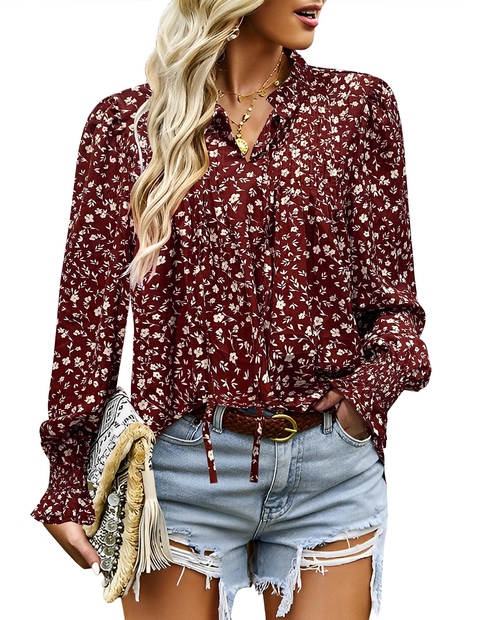 HOTOUCH Women's Long Sleeve Boho Floral Blouse - V Neck Pleated Peasant Top with Drawstring for Casual Wear | Perfect for Spring Outfits, Date Nights & Boho Fashion