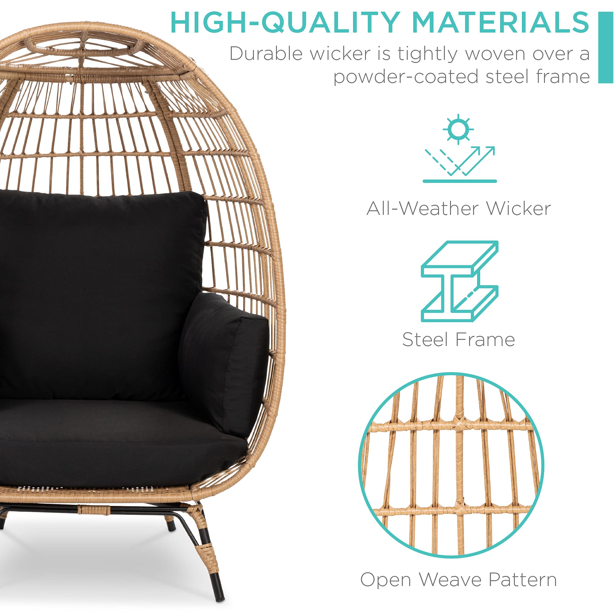 Best Choice Products Oversized Wicker Egg Chair - Indoor/Outdoor Hanging Lounge Chair with 4 Cushions & Steel Frame (440lb Capacity, Black) - Perfect for Patio, Backyard, Living Room & Relaxation Spaces