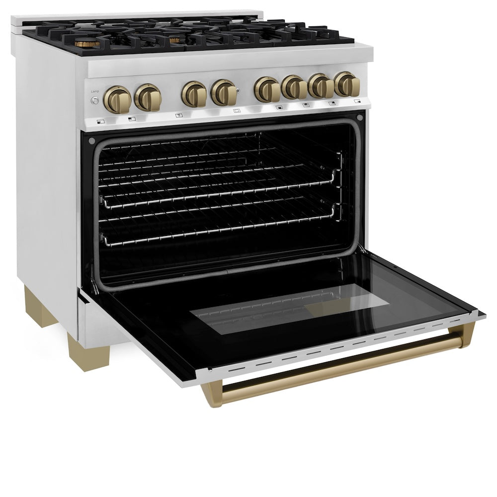 ZLINE Autograph Edition 36-inch Professional Kitchen Package - Stainless Steel Dual Fuel Range & Range Hood with Champagne Bronze Accents | Premium Cooking Appliance Set for Home Chefs & Gourmet Kitchens (2AKP RARH36 CB)