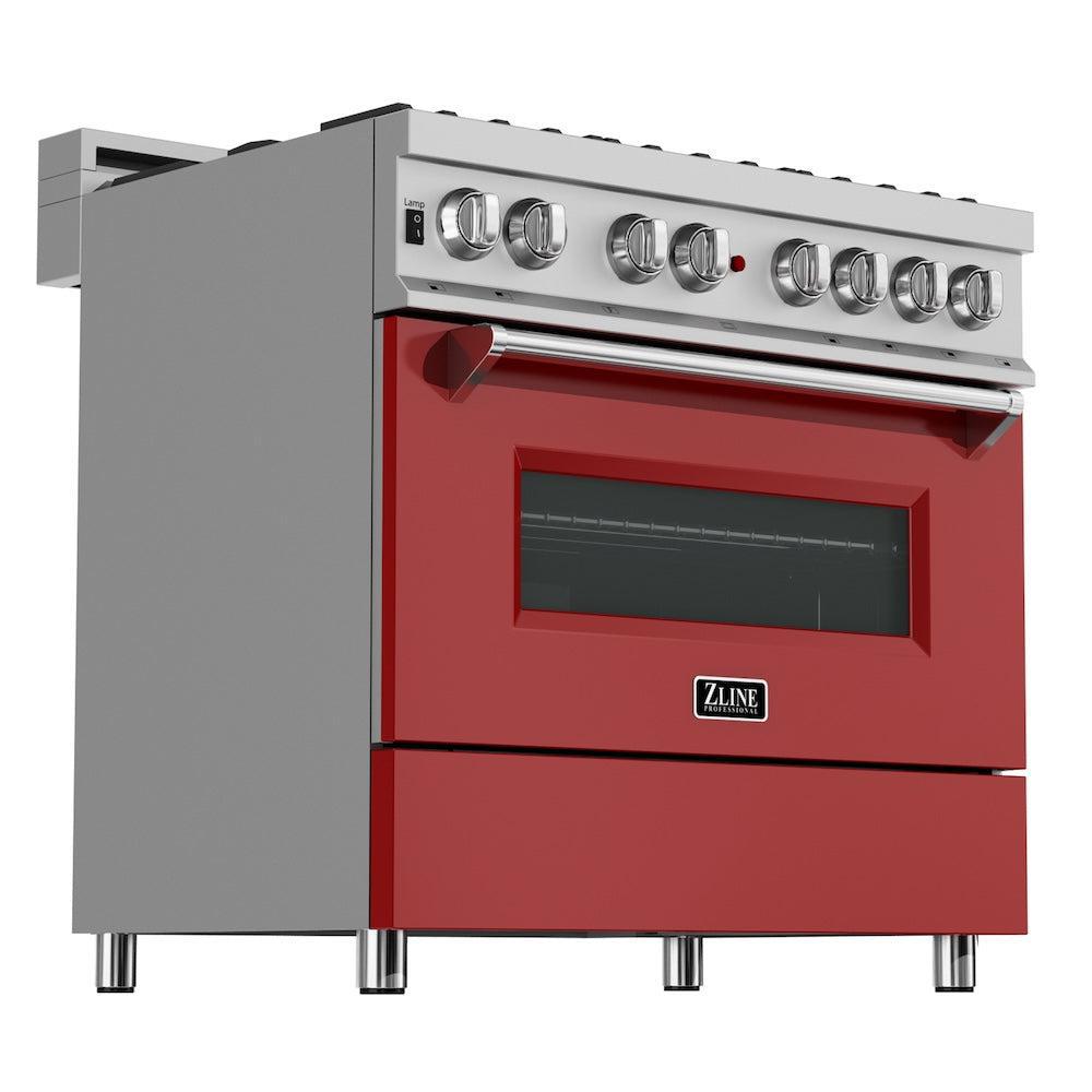 ZLINE 36 Inch Professional Dual Fuel Range Kitchen Package - Stainless Steel with Red Matte Door & Convertible Vent Hood | Perfect for Home Chefs & Modern Kitchens