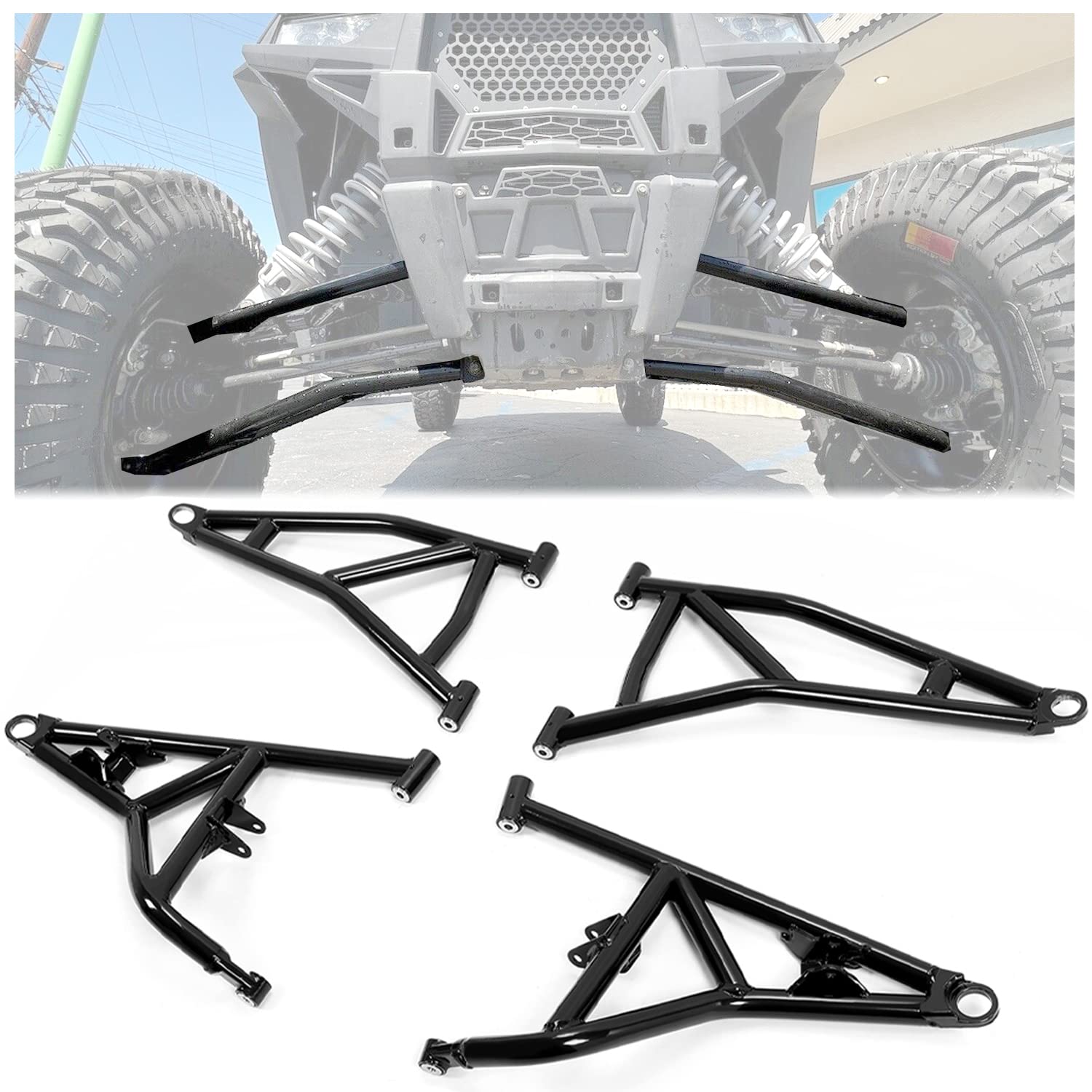 HECASA High Clearance Black Steel Front Upper & Lower A-Arms Compatible with 2014+ Polaris RZR XP 1000/4 1000 - Off-Road Suspension Upgrade for Enhanced Trail & Dune Performance