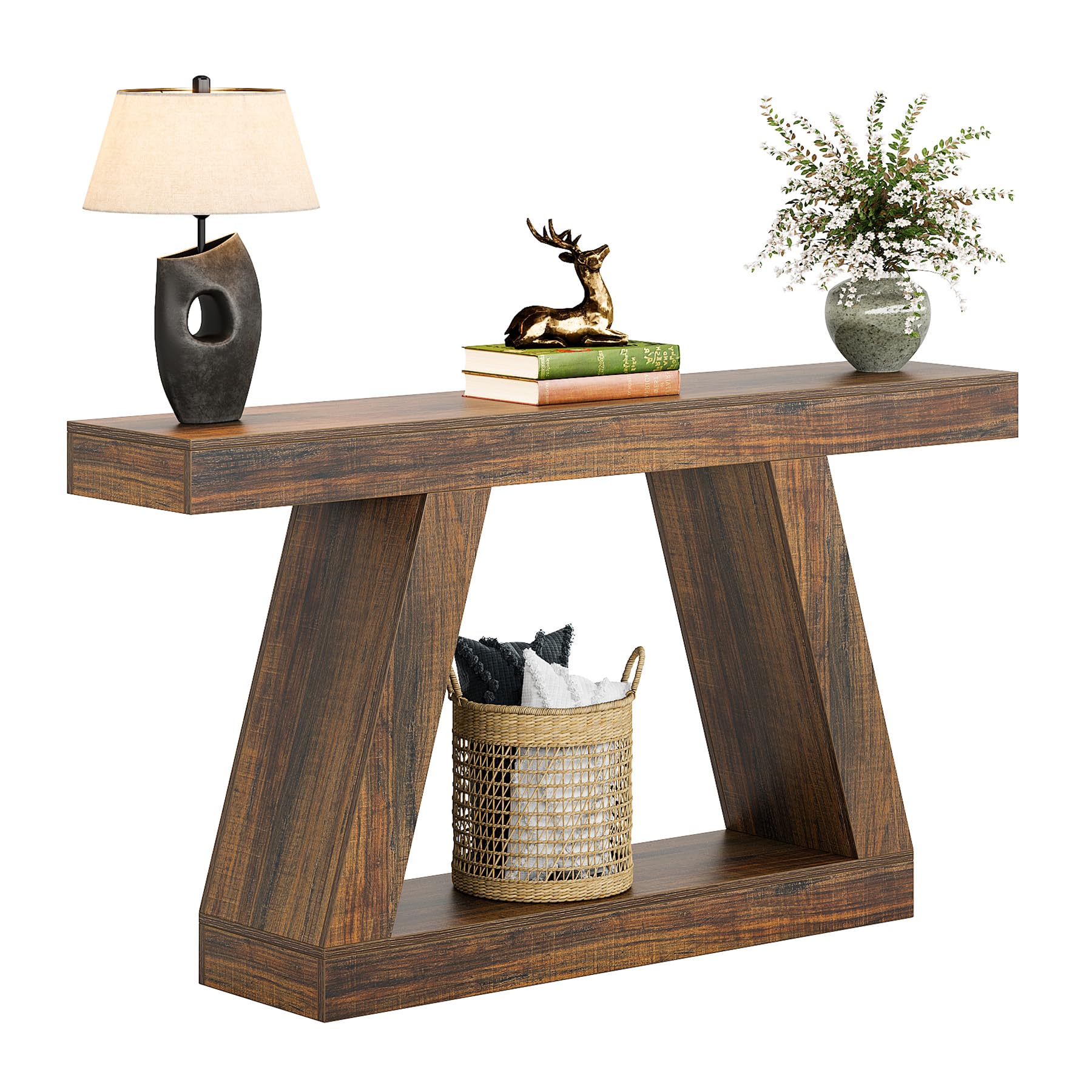 Tribesigns 55-Inch Farmhouse Console Table with Storage - Rustic Industrial Wooden Sofa Table for Entryway, Hallway & Living Room - Dark Brown - Perfect for Home Decor, Small Space Storage & Entryway Organization