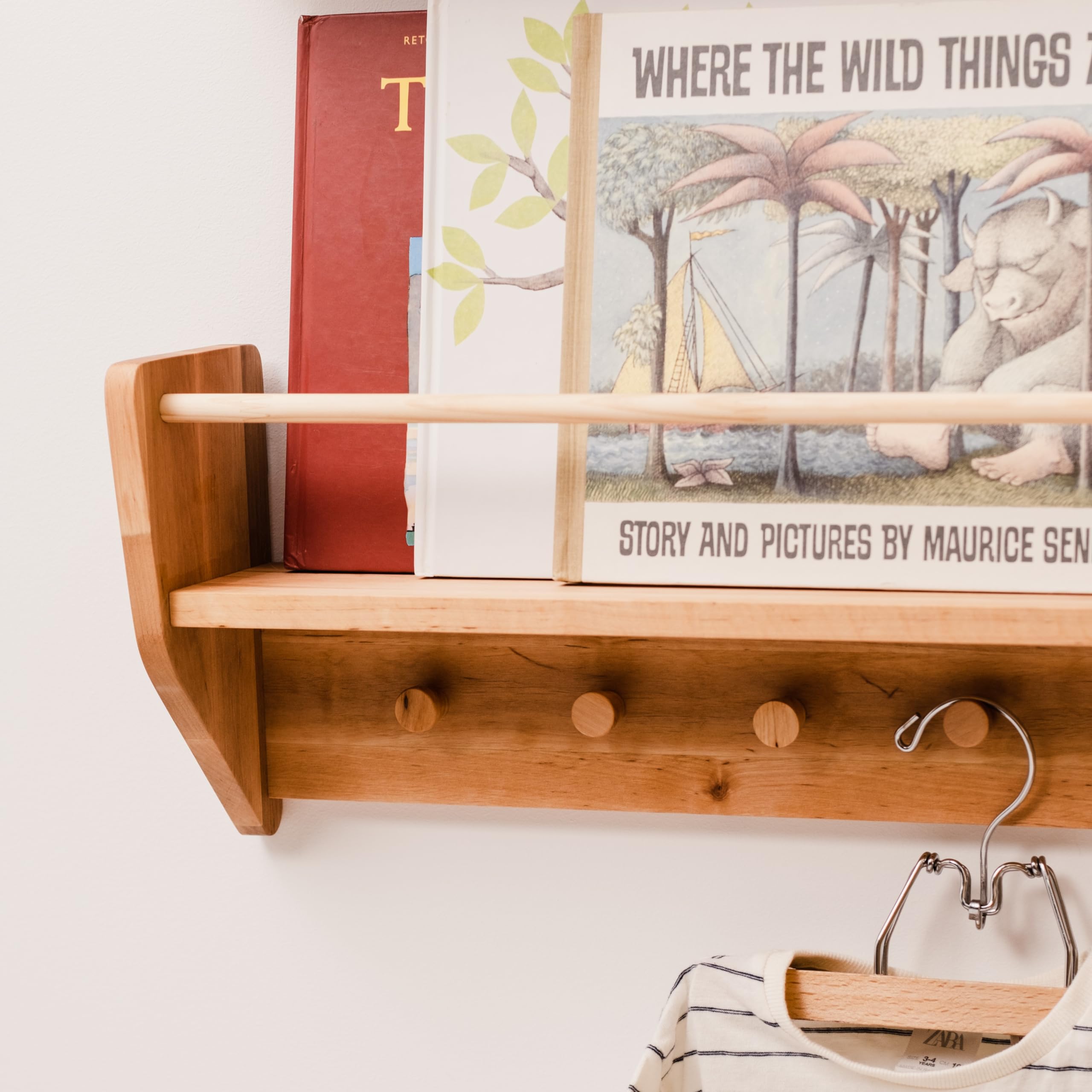 Wooden Wall Mounted Bookshelf for Kids - Nursery Decor with Hooks, Montessori Bookshelf for Toddlers, Baby Shower Gift (Large) - Perfect for Nursery, Playroom, and Kids Bedroom Organization