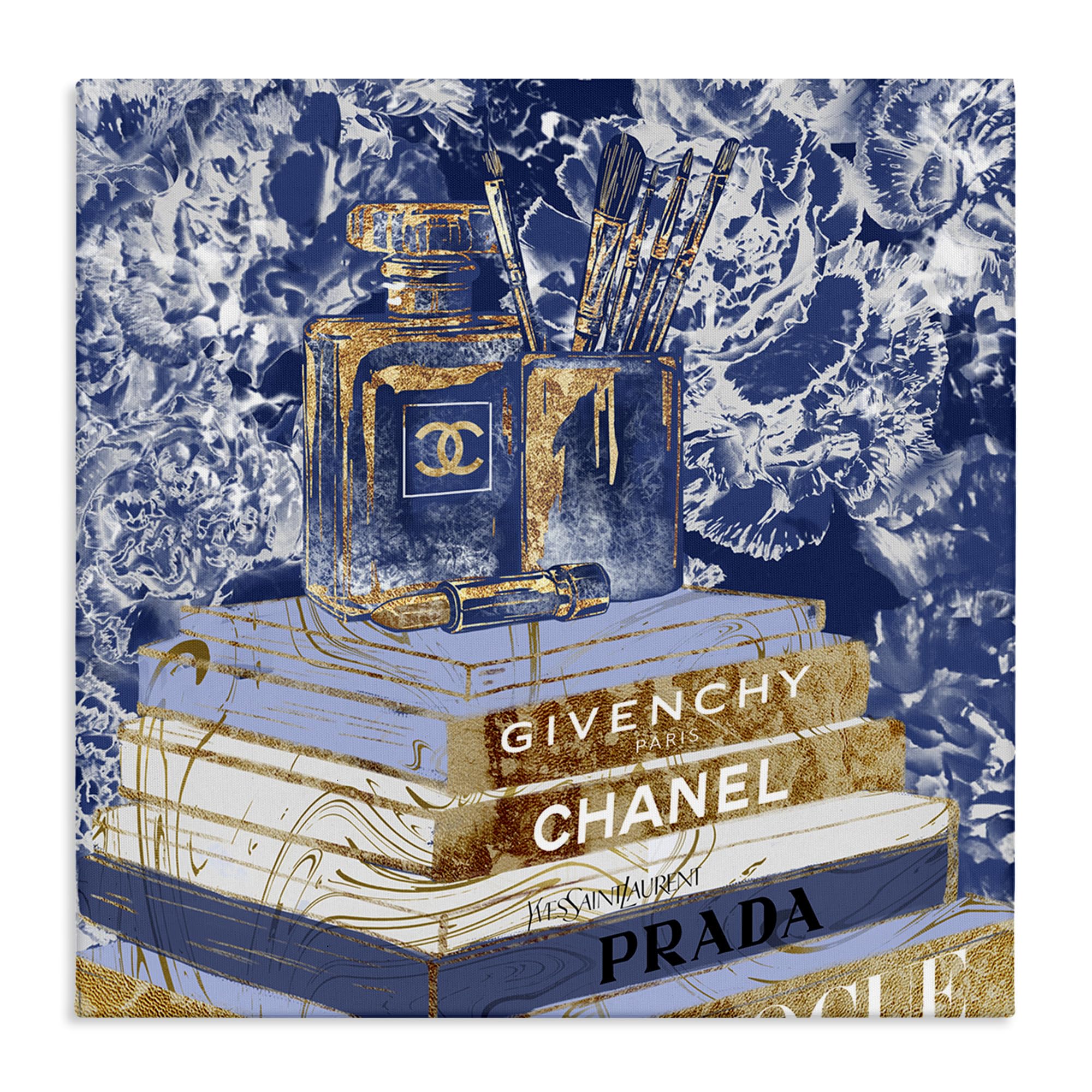 Stupell Industries Fashion Book Pile Glam Designer Accessories Blue Gold Wall Art Canvas Print - 30