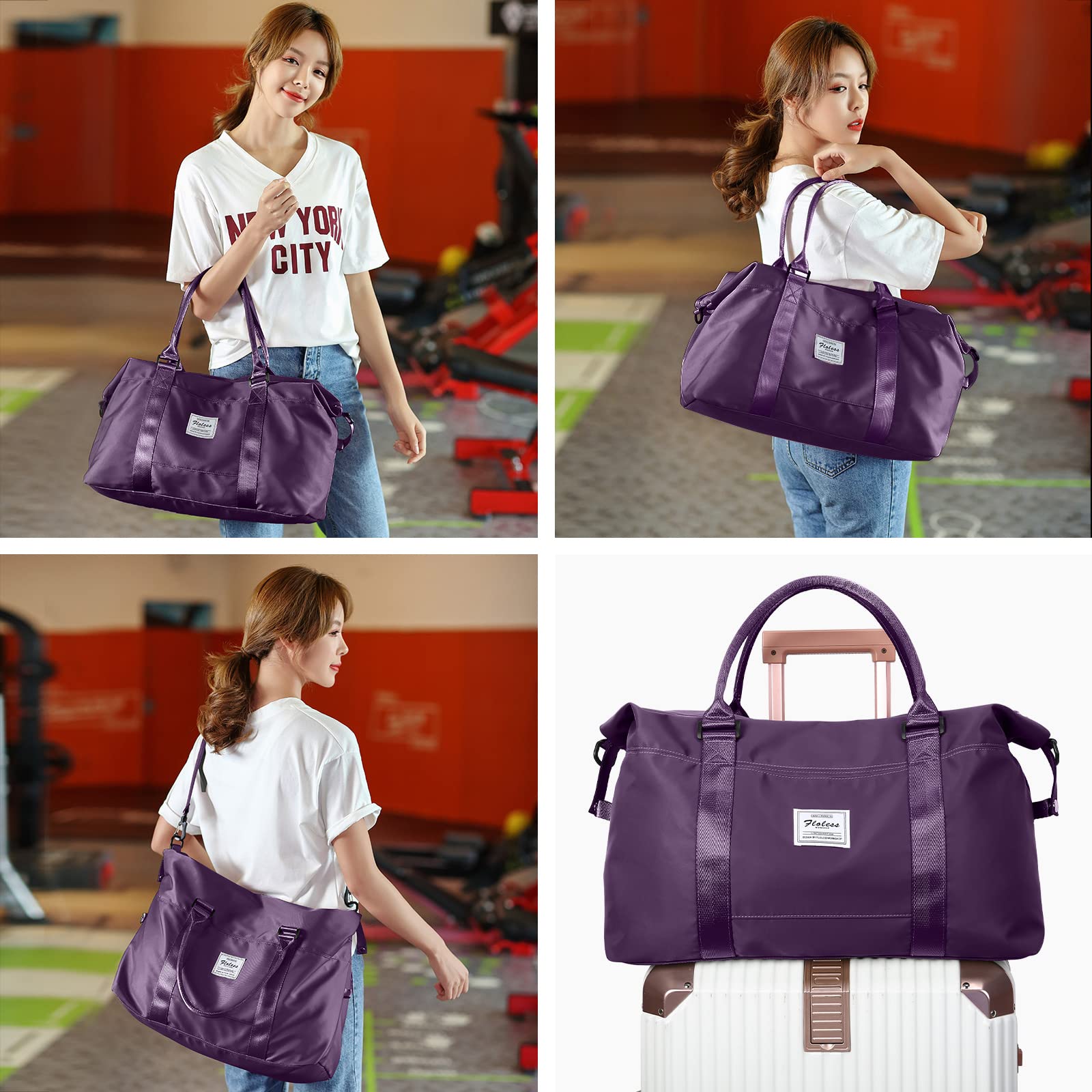 Dark Purple Travel Duffel Bag with Toiletry Pouch - Waterproof Sports Gym Tote & Shoulder Weekender Overnight Bag for Women - Perfect for Gym, Travel, Weekend Getaways & Business Trips