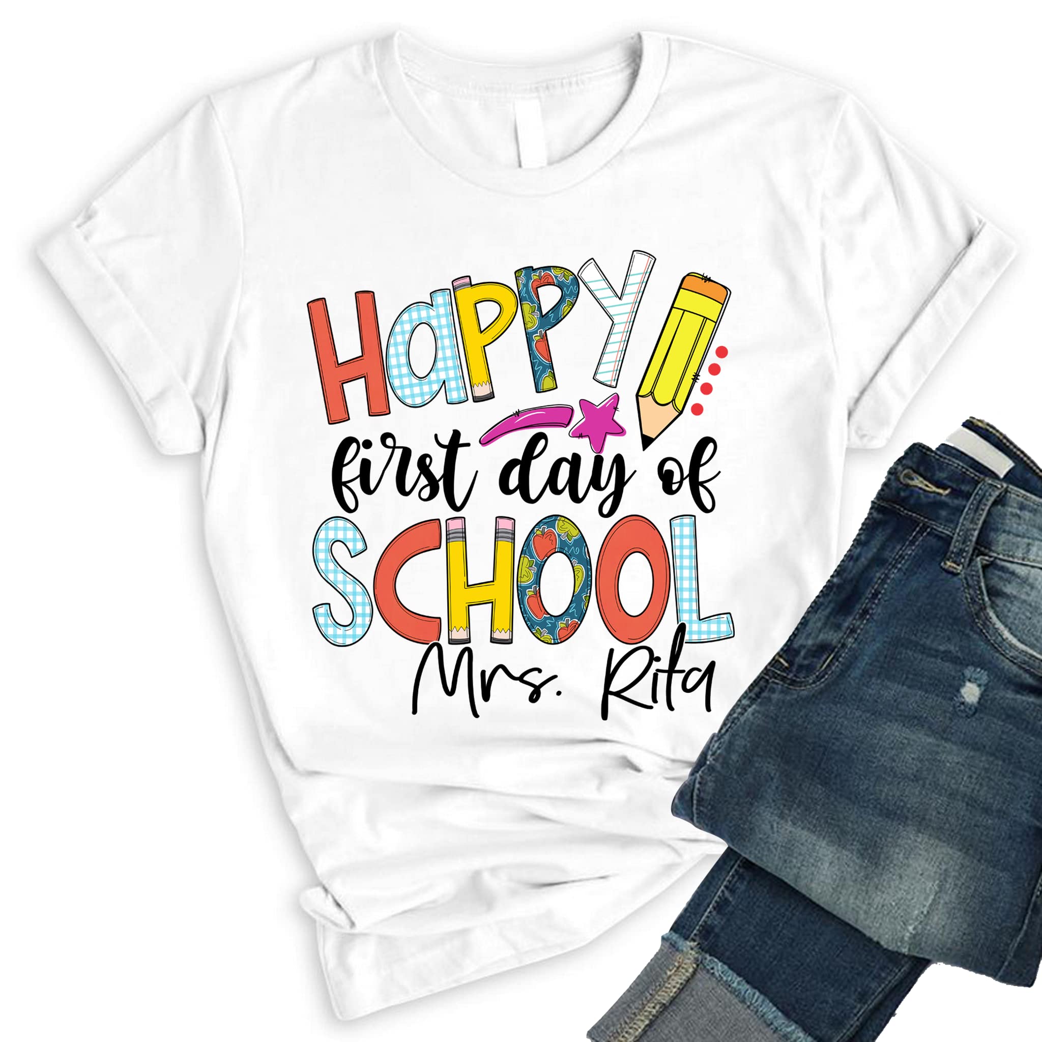 NAZENTI Personalized Teacher T-Shirts for Women - Cute First Day of School Shirts - Custom Teacher Apparel Gifts - Perfect for Classroom, Back to School & Teacher Appreciation Week