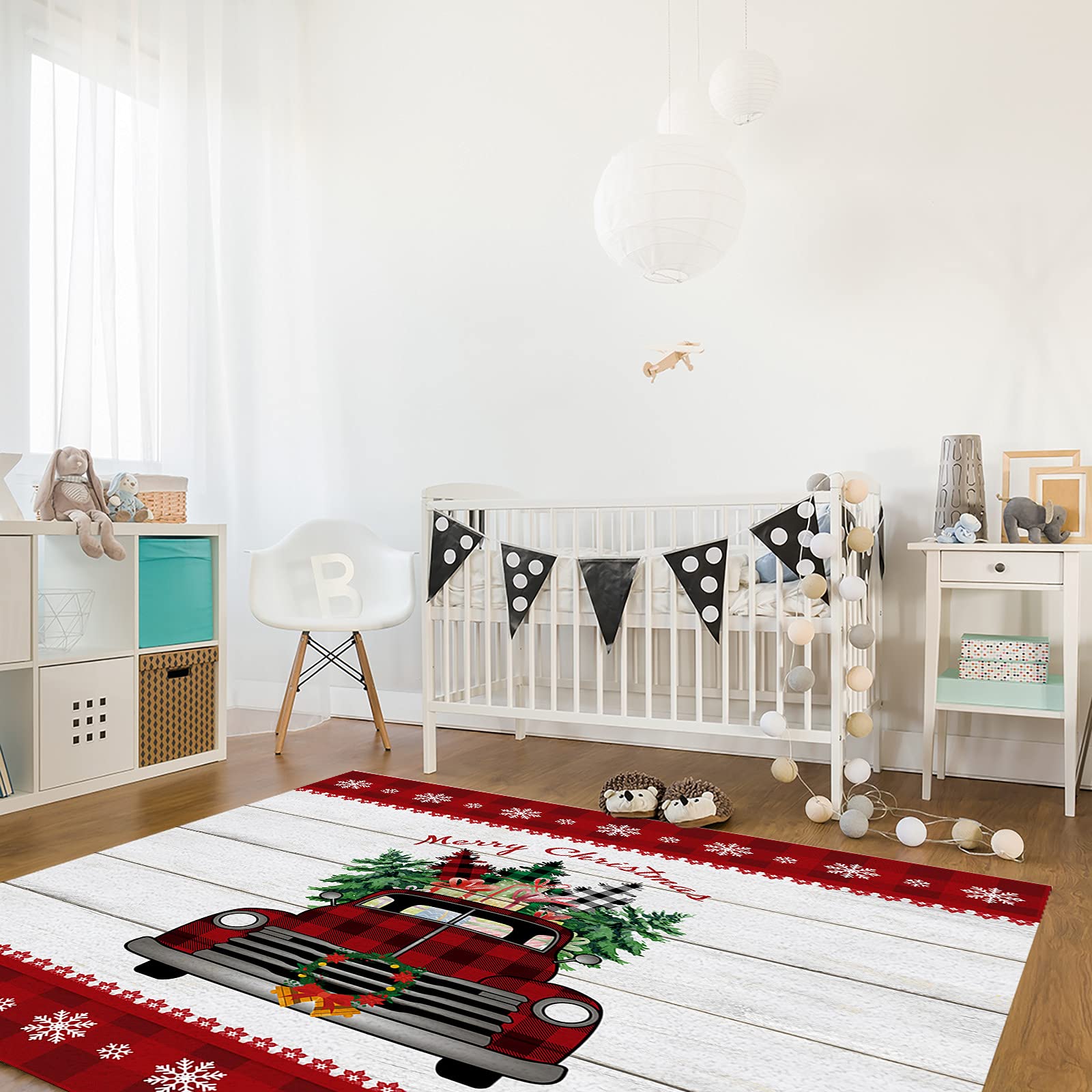 Non-Slip Absorbent Christmas Truck Design 4x6 Feet Area Rug with Red Border & Snowflakes - Soft Floor Mat for Living Room, Bedroom, Kitchen & Entryway | Perfect Holiday Home Decor & Cozy Gift Idea