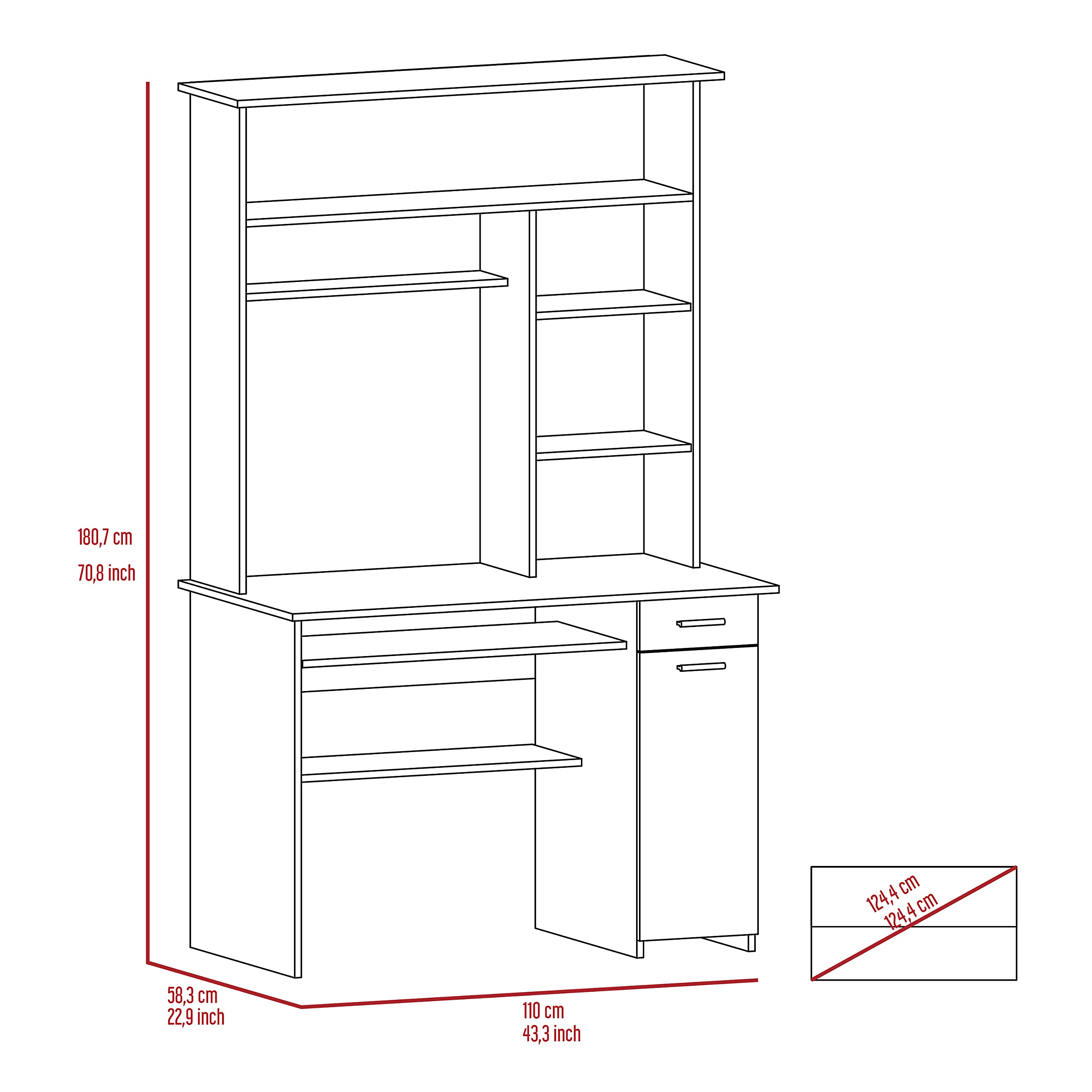 Weston 180 Two Computer Desk with Hutch - Black Office Desk with Retractable Keyboard Tray, Storage Drawer, CPU Stand & 6 Open Shelves | Perfect for Home Office, Gaming Setup & Small Workspaces