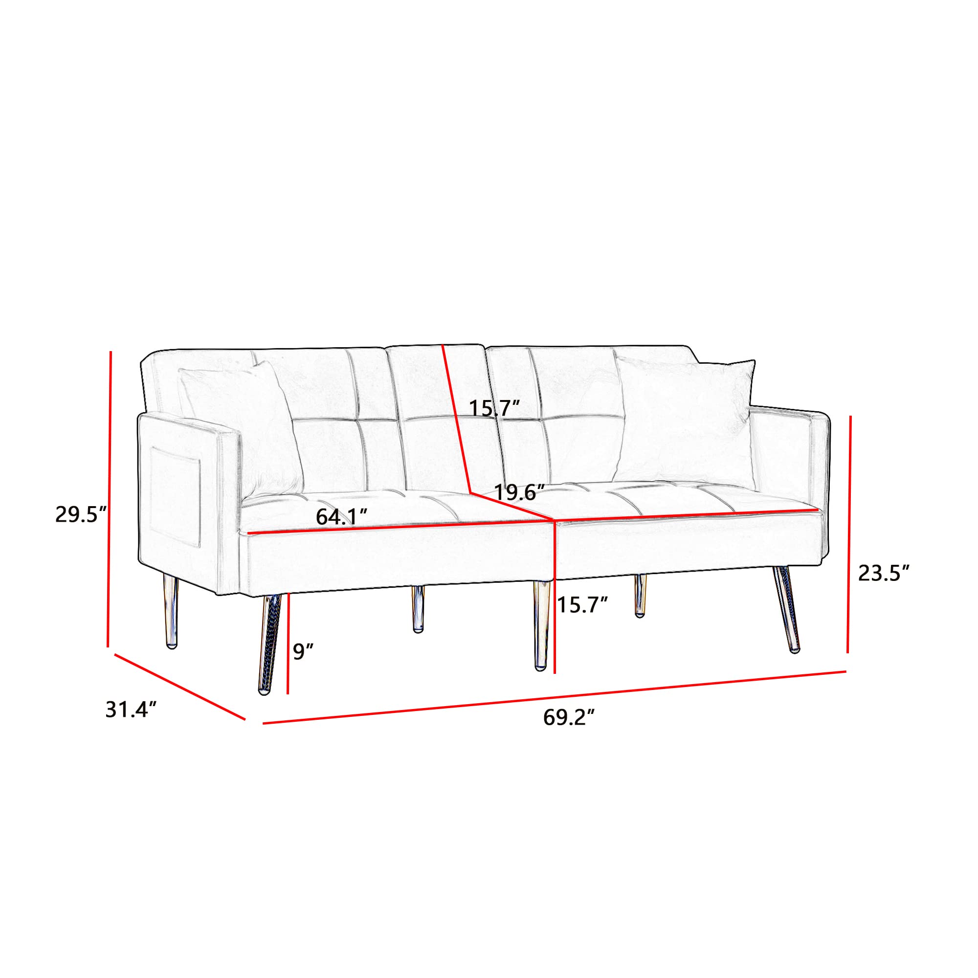 69'' Modern Velvet Convertible Sofa Bed - Adjustable Recliner Sleeper Couch with 2 Cup Holders | Foldable Futon for Small Spaces & Guest Rooms | Perfect for Apartments, Living Rooms & Home Offices